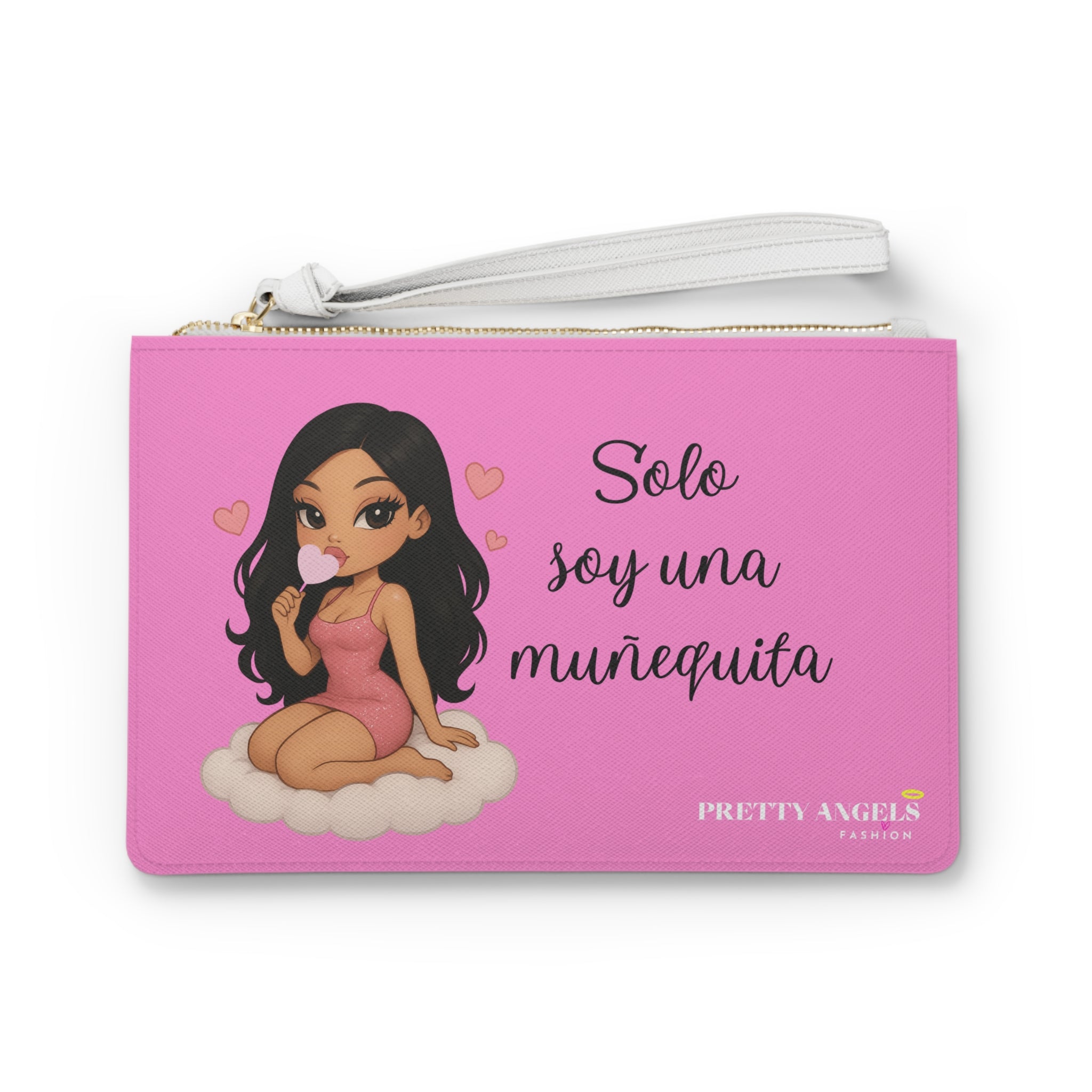 “Solo Soy Una Muñequita” Pink Makeup Clutch Bag with White Strap – Bratz Inspired Latina Baddie Handbag