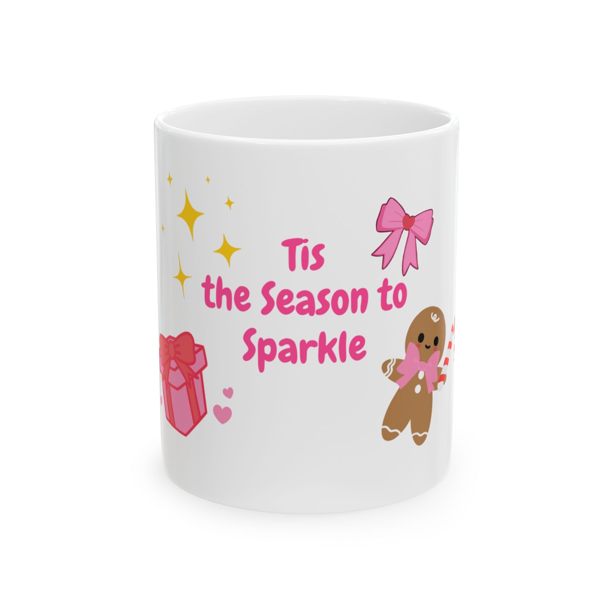 ‘Tis the Season to Sparkle™ Mug – Cute Girly Christmas Mug with Pink Present, Gingerbread, Candy Cane & Sparkles – Rich Girl Holiday Coffee Cup