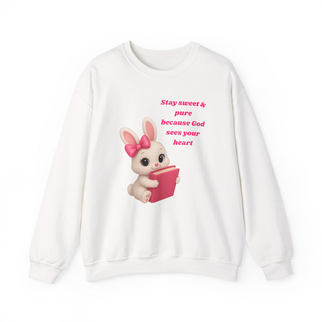 Stay Sweet & Pure Bunny Sweatshirt – Cute Aesthetic Pullover for Girls | Pink Baby Bunny Bible Sweater | Cozy Faith Sweatshirt | 50/50 Heavy Blend DTG Print