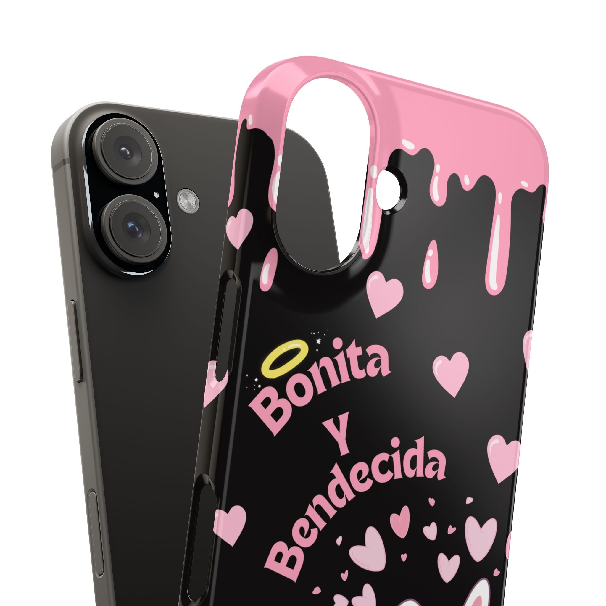 Bonita y Bendecida Phone Case - Black Slim Lightweight Cover with Pink Bunny Bow, Hearts & Drip Aesthetic for Stylish Latina Baddies