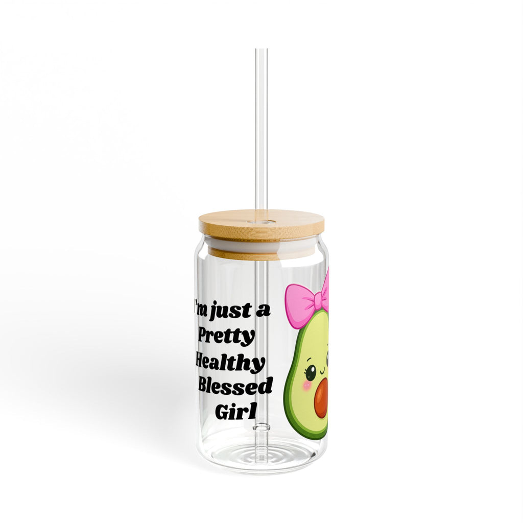 Pretty Healthy Blessed Girl 16oz Clear Sipper Glass with Bamboo Lid & Tritan Straw – Cute Avocado with Pink Bow | Aesthetic Girly Cup, BPA-Free