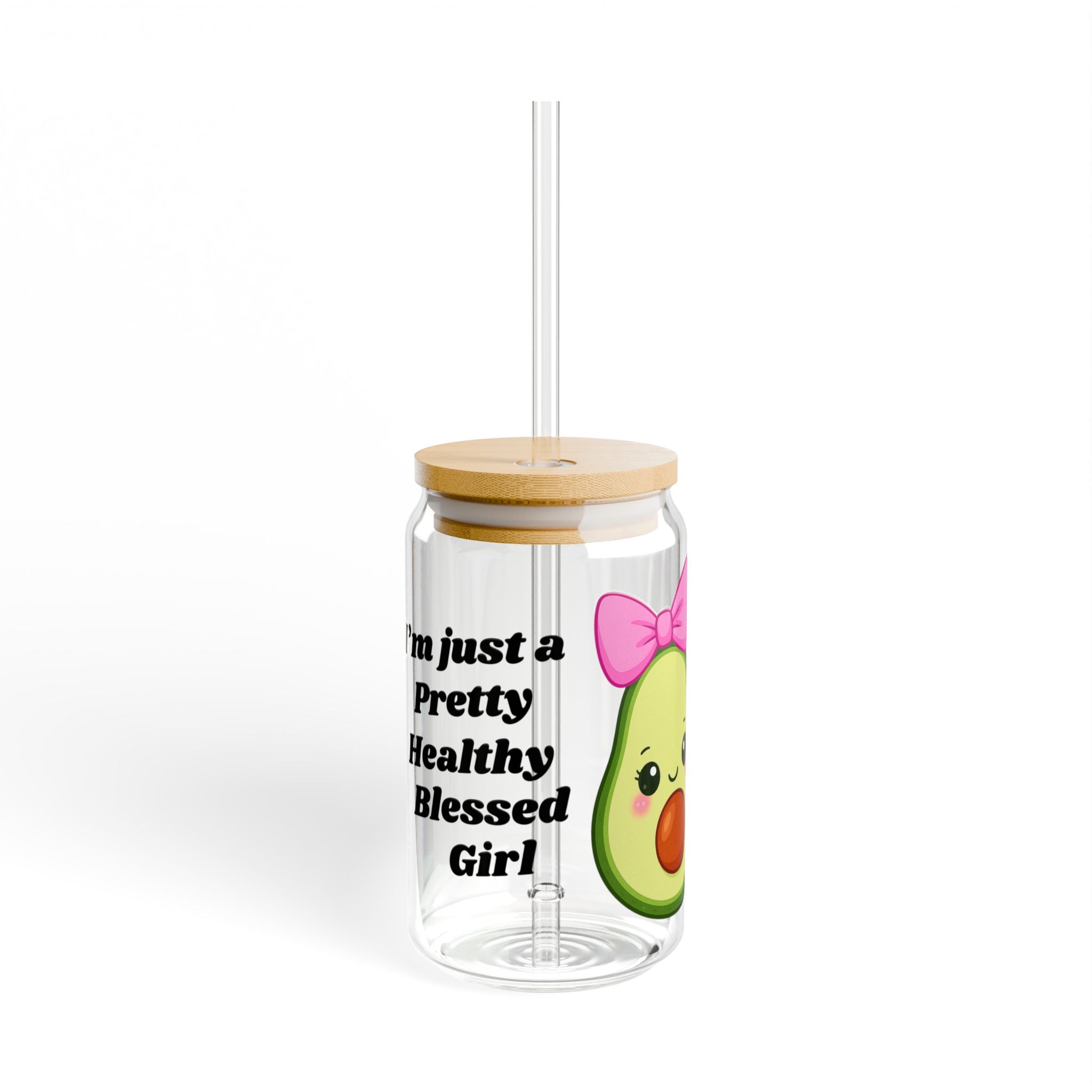 Pretty Healthy Blessed Girl 16oz Clear Sipper Glass with Bamboo Lid & Tritan Straw – Cute Avocado with Pink Bow | Aesthetic Girly Cup, BPA-Free