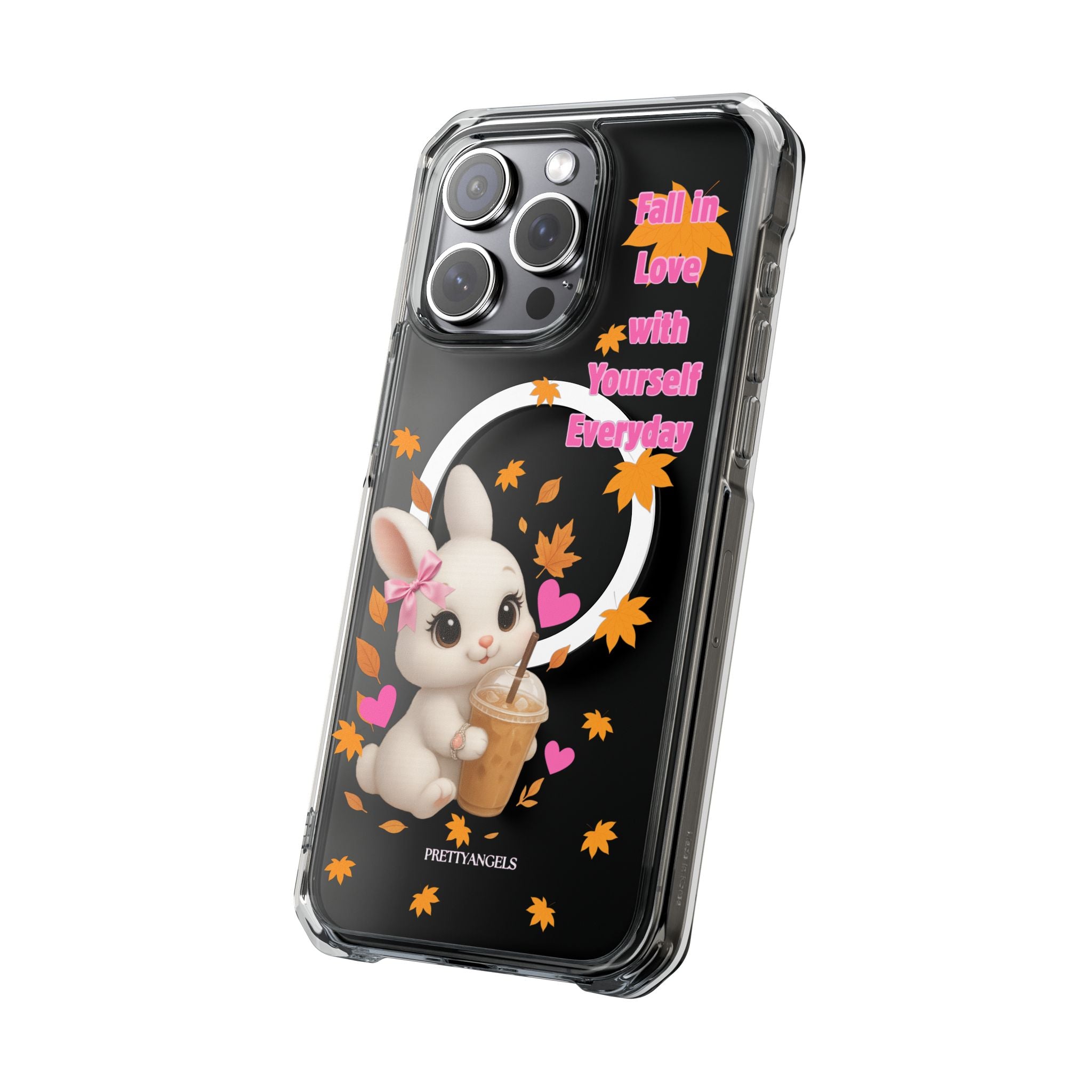 Fall in Love with Yourself Everyday – Cute White Bunny MagSafe iPhone Case with Hearts & Autumn Leaves, Luxury Aesthetic Clear Phone Cover