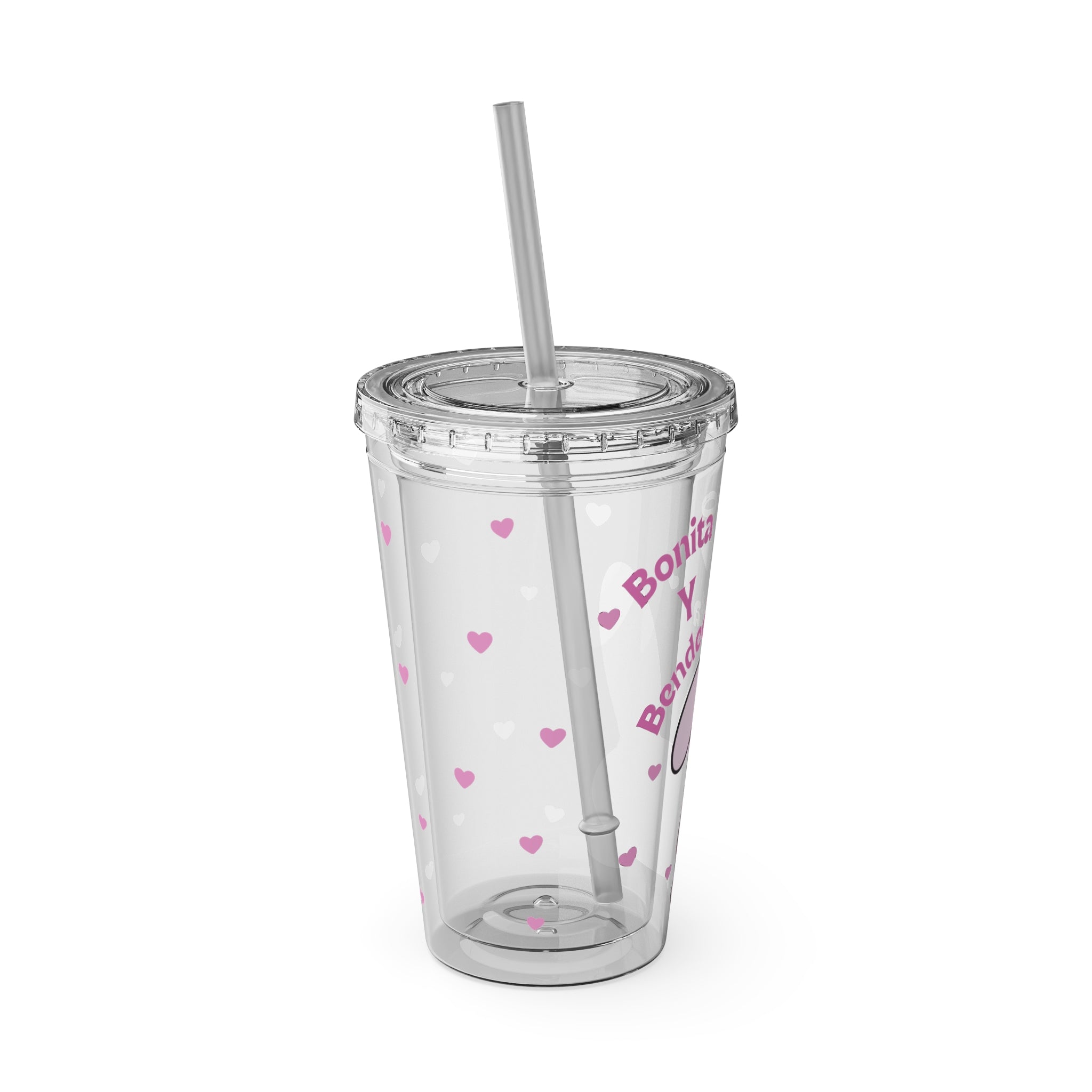 Bonita y Bendecida Tumbler - 16oz Clear Acrylic Cup with Pink Bunny Bow & Heart Patterns | Girly Faith Cup for Confident Latina Baddies