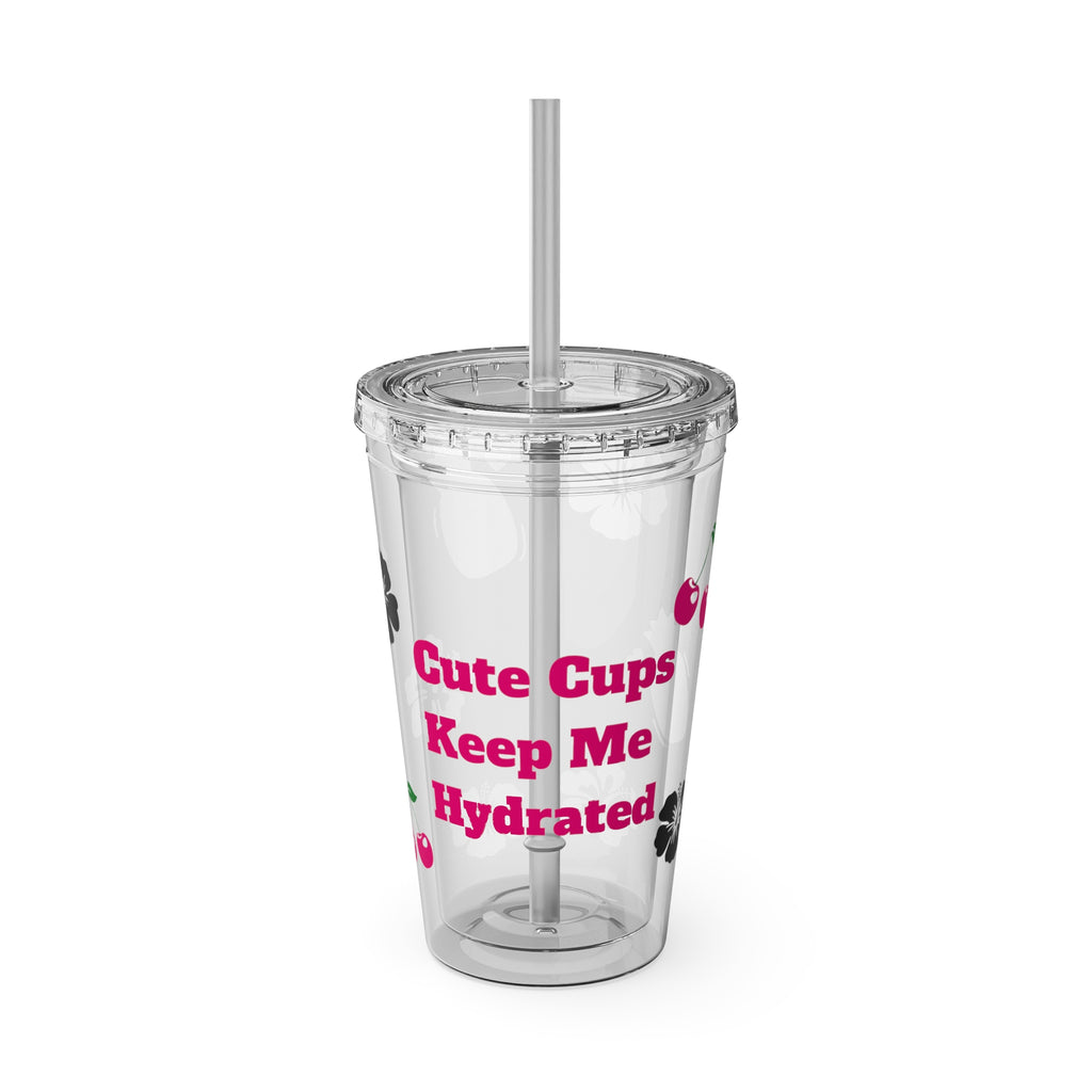 Clear Barbie Baddie Tumbler - 16oz Acrylic Cup with Lid & Flexible Straw | “Cute Cups Keep Me Hydrated” with Hot Pink Cherries, Hibiscus & Pineapples
