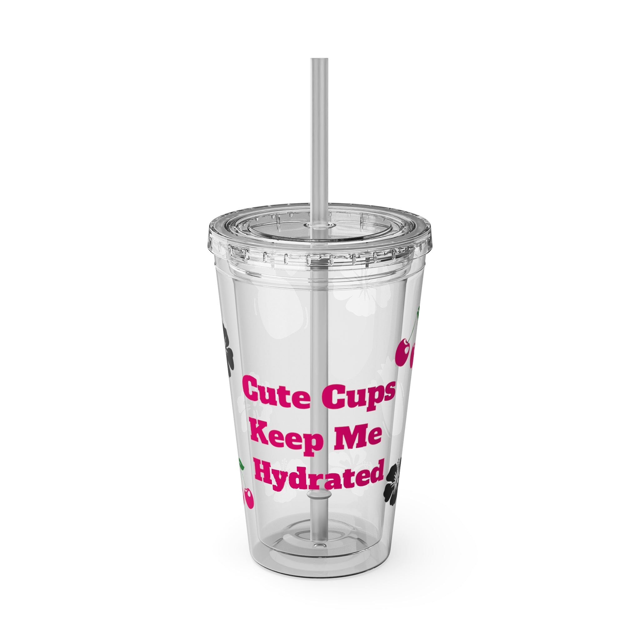 Clear Barbie Baddie Tumbler - 16oz Acrylic Cup with Lid & Flexible Straw | “Cute Cups Keep Me Hydrated” with Hot Pink Cherries, Hibiscus & Pineapples