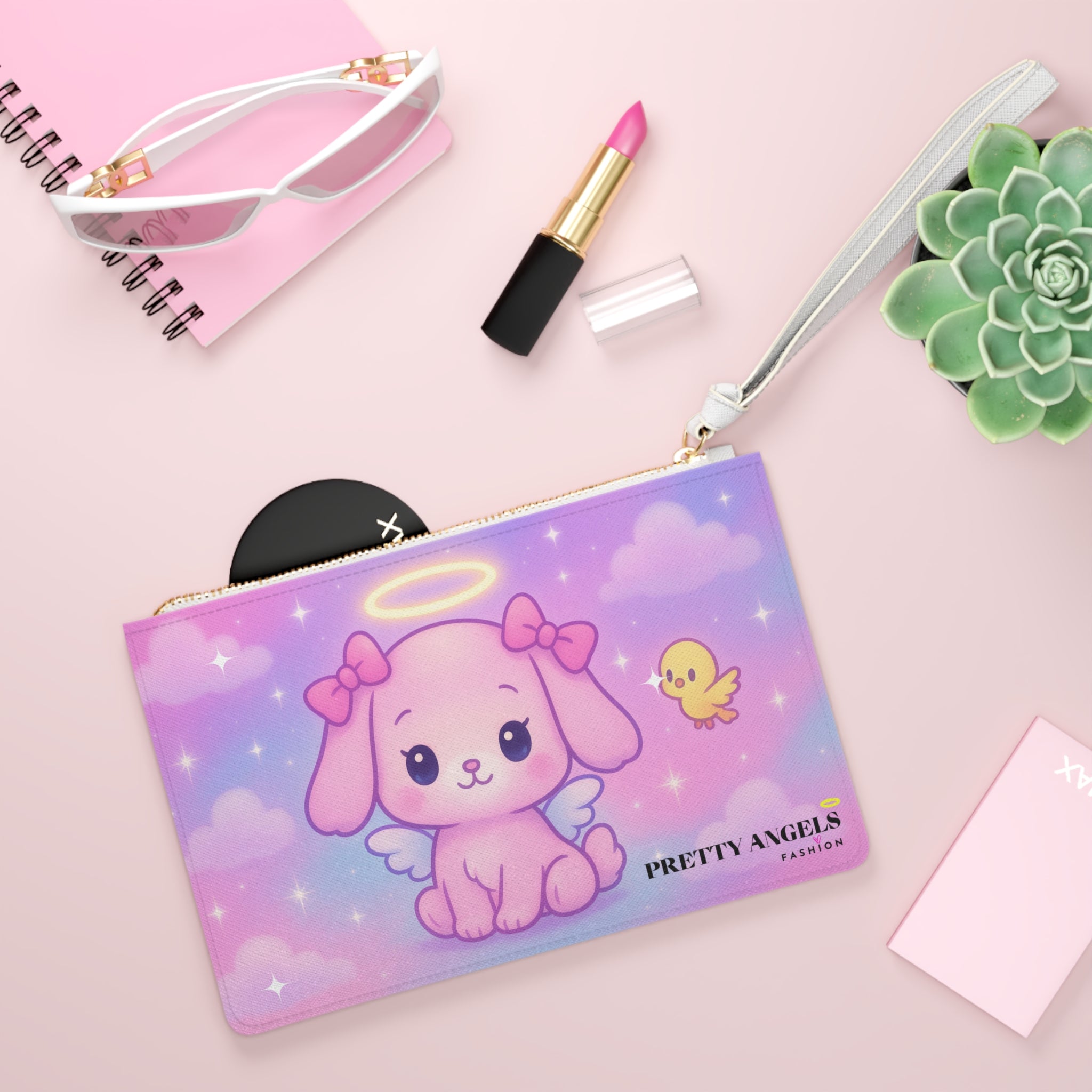 Luxury Pink Angel Puppy Clutch Bag - Cute Polyurethane Leather Purse with Gold Zipper, Magical Puppy Design with Pink Bows