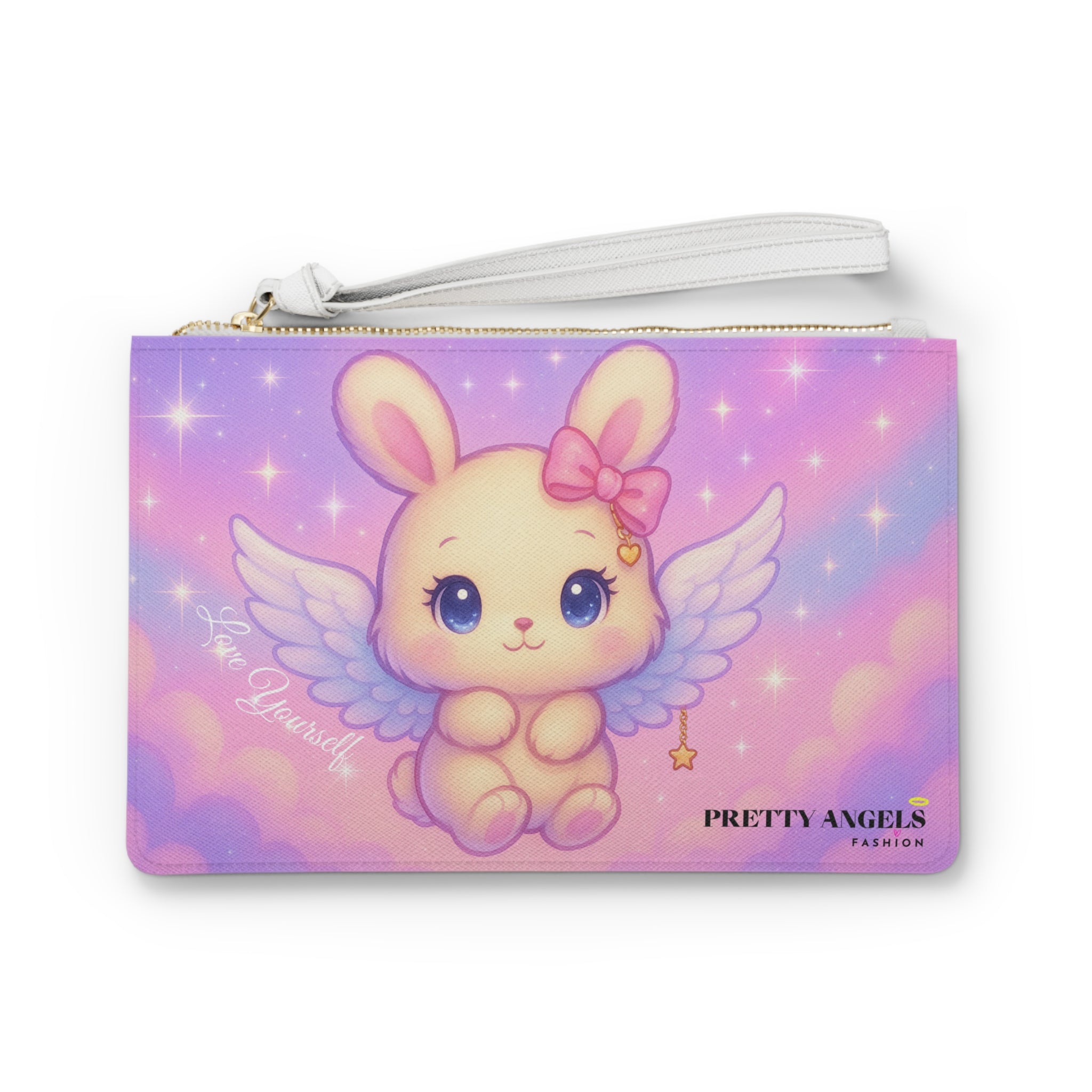 Luxury Angel Bunny Clutch Purse - Cute Polyurethane Leather Handbag with Gold Zipper, Floating Bunny with Wings & Pink Bow