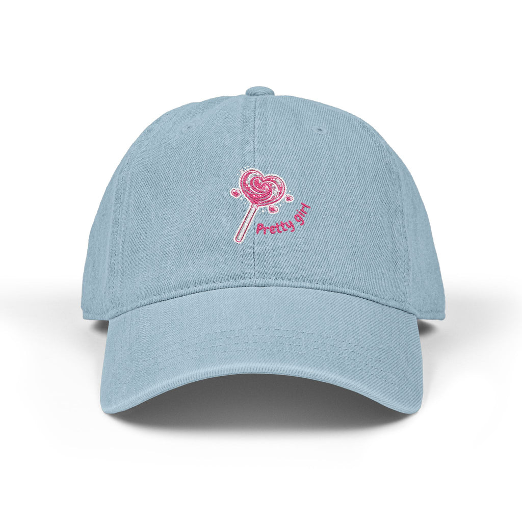 Denim Hat — "Pretty Girl, Very Sweet" Embroidered Heart Lollipop