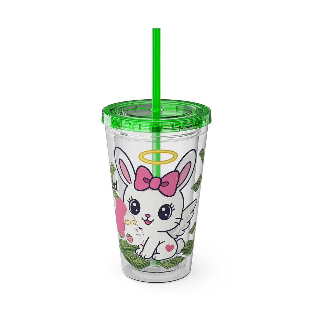 “All I Need” 16oz Acrylic Tumbler - Clear Cup with Pink Angel Bunny, Baby Bottles & Money | Cute Girly Cup for Soft Spoiled Baddies