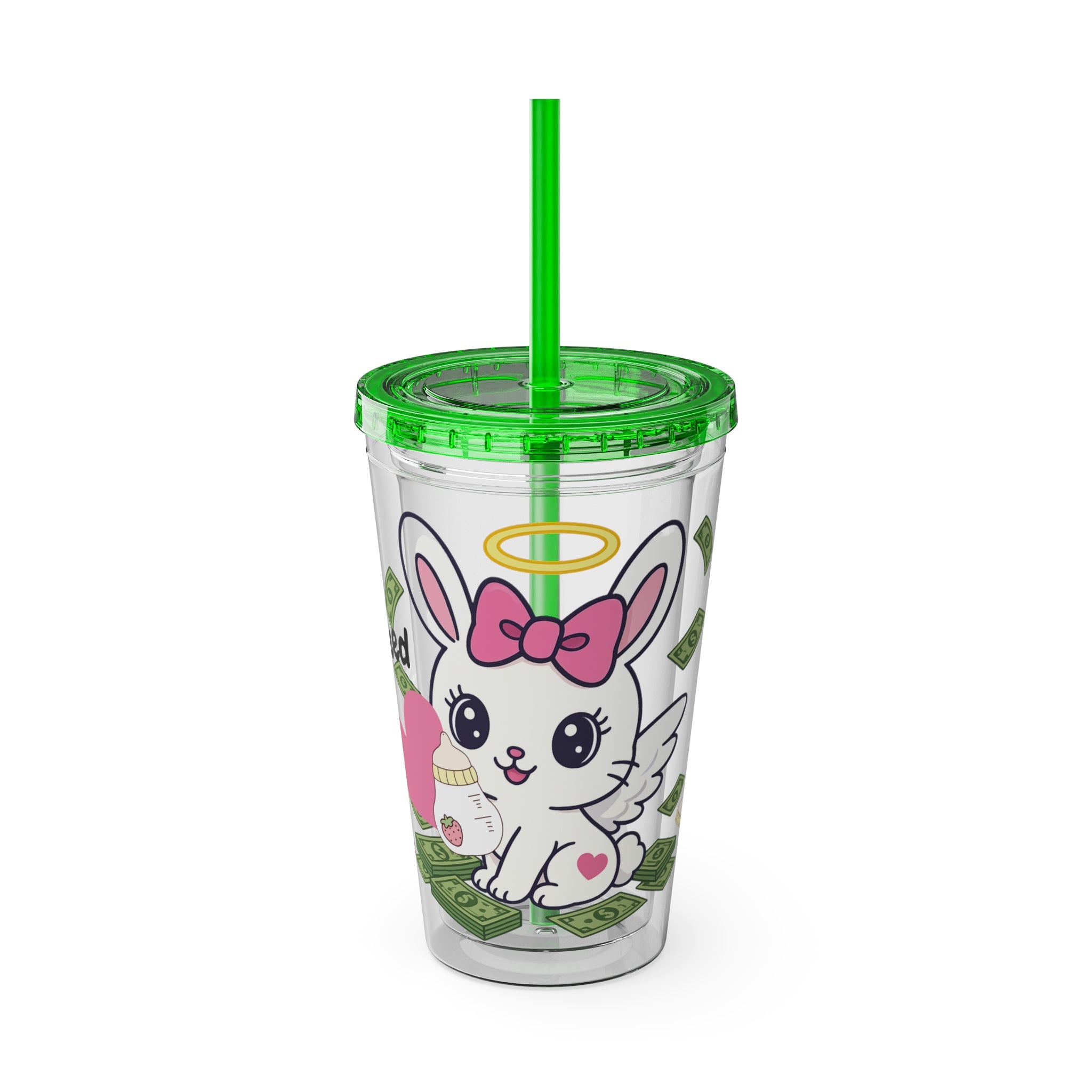 “All I Need” 16oz Acrylic Tumbler - Clear Cup with Pink Angel Bunny, Baby Bottles & Money | Cute Girly Cup for Soft Spoiled Baddies