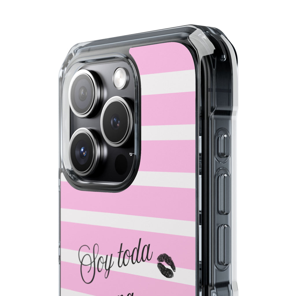 “Soy Toda Una Mamacita” MagSafe Clear Phone Case - Pink & White Striped | Latina Baddie Magnetic Impact Cover