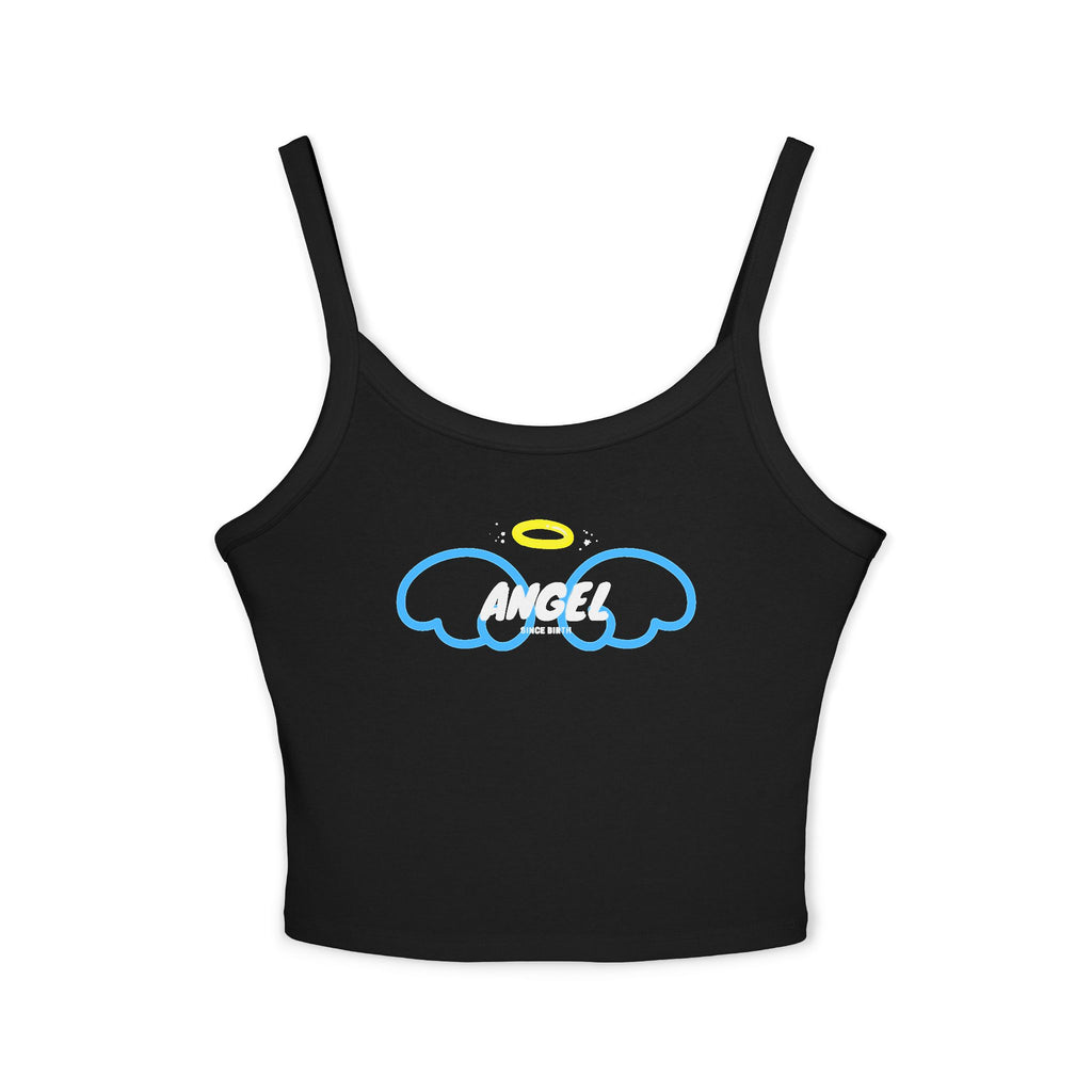 Black Angel Tank Top - “Angel Since Birth” Cute Blue Wings Aesthetic | Baddie Soft Girl Outfit | Trendy Y2K Clubwear Crop Tank