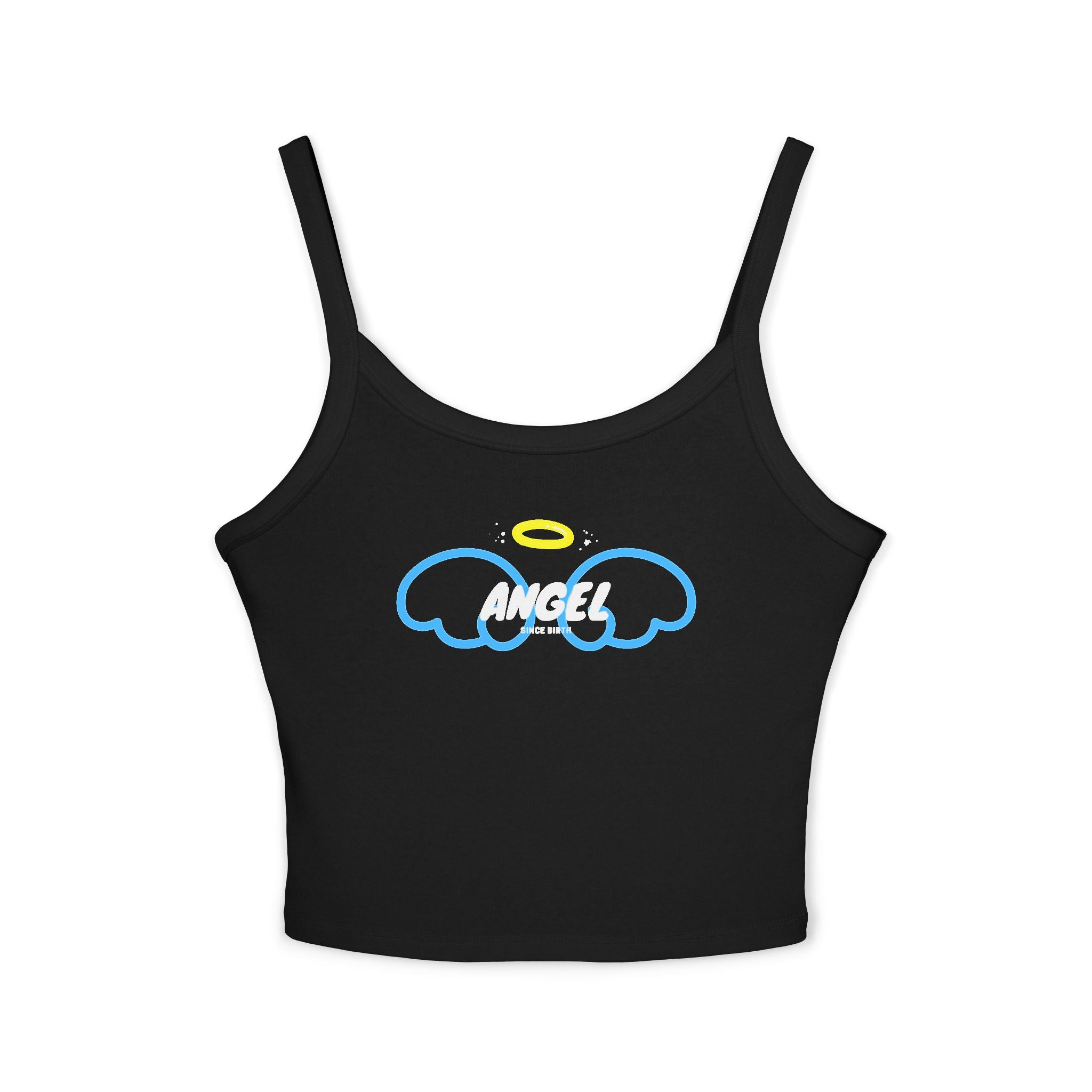Black Angel Tank Top - “Angel Since Birth” Cute Blue Wings Aesthetic | Baddie Soft Girl Outfit | Trendy Y2K Clubwear Crop Tank