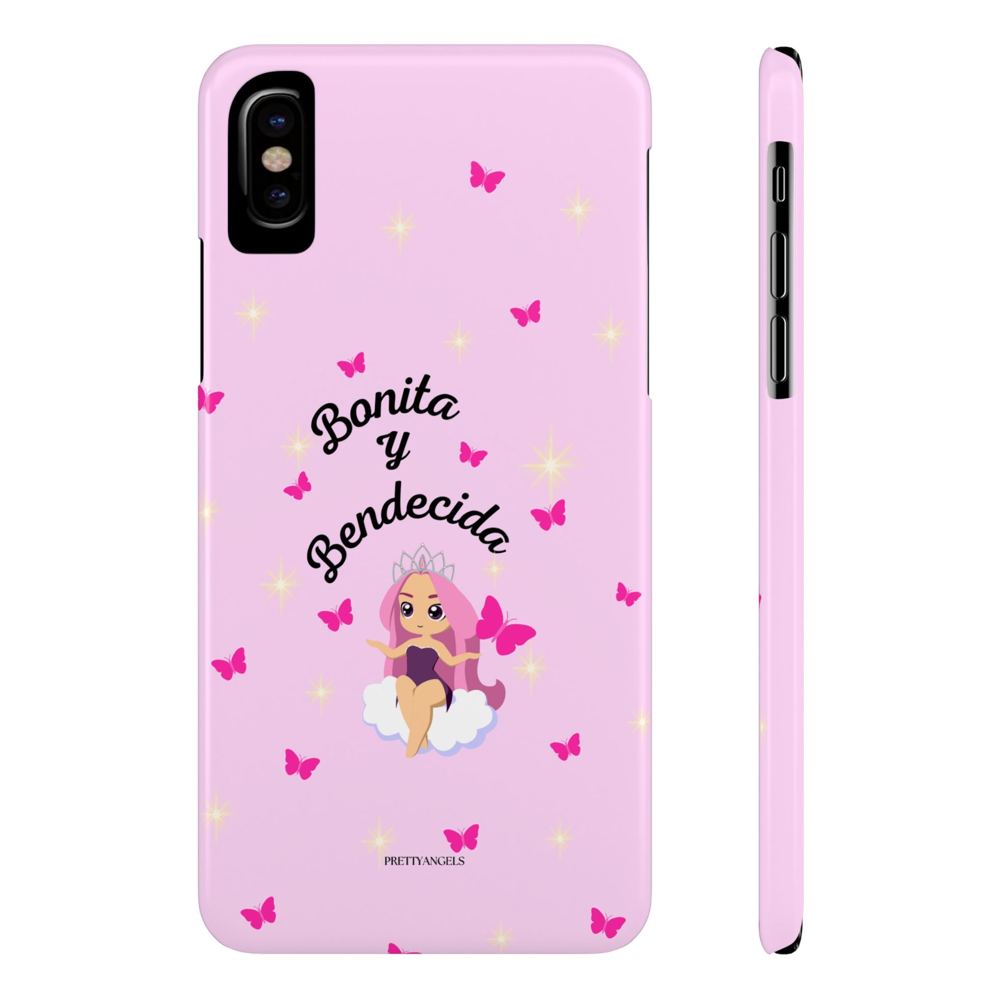“Bonita y Bendecida Funda Rosa - Estuche Slim Protector con Muñeca Estilo Lisa Frank, Nubes y Mariposas Rosas”