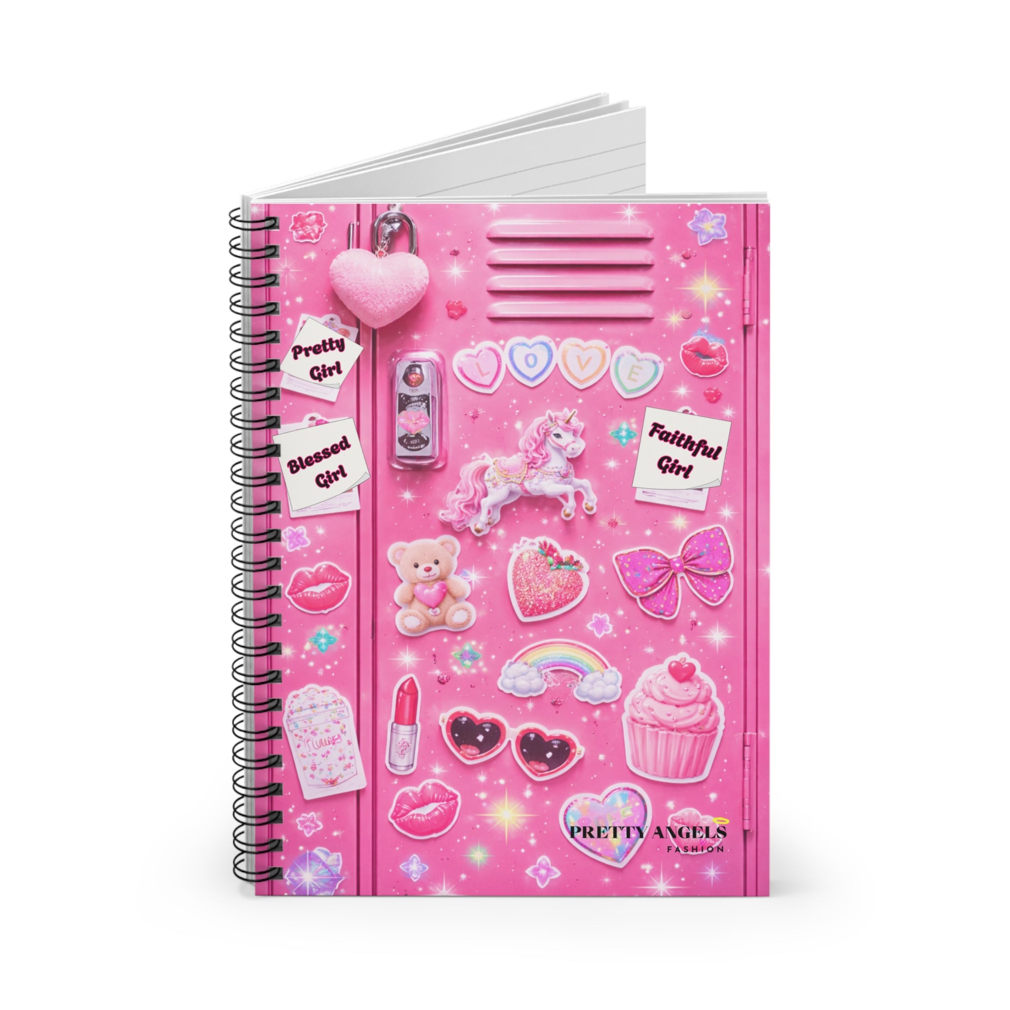 Pink Sticker-Lock Spiral Notebook — Cute Kawaii Unicorn, Teddy Bear & Hearts Ruled Journal