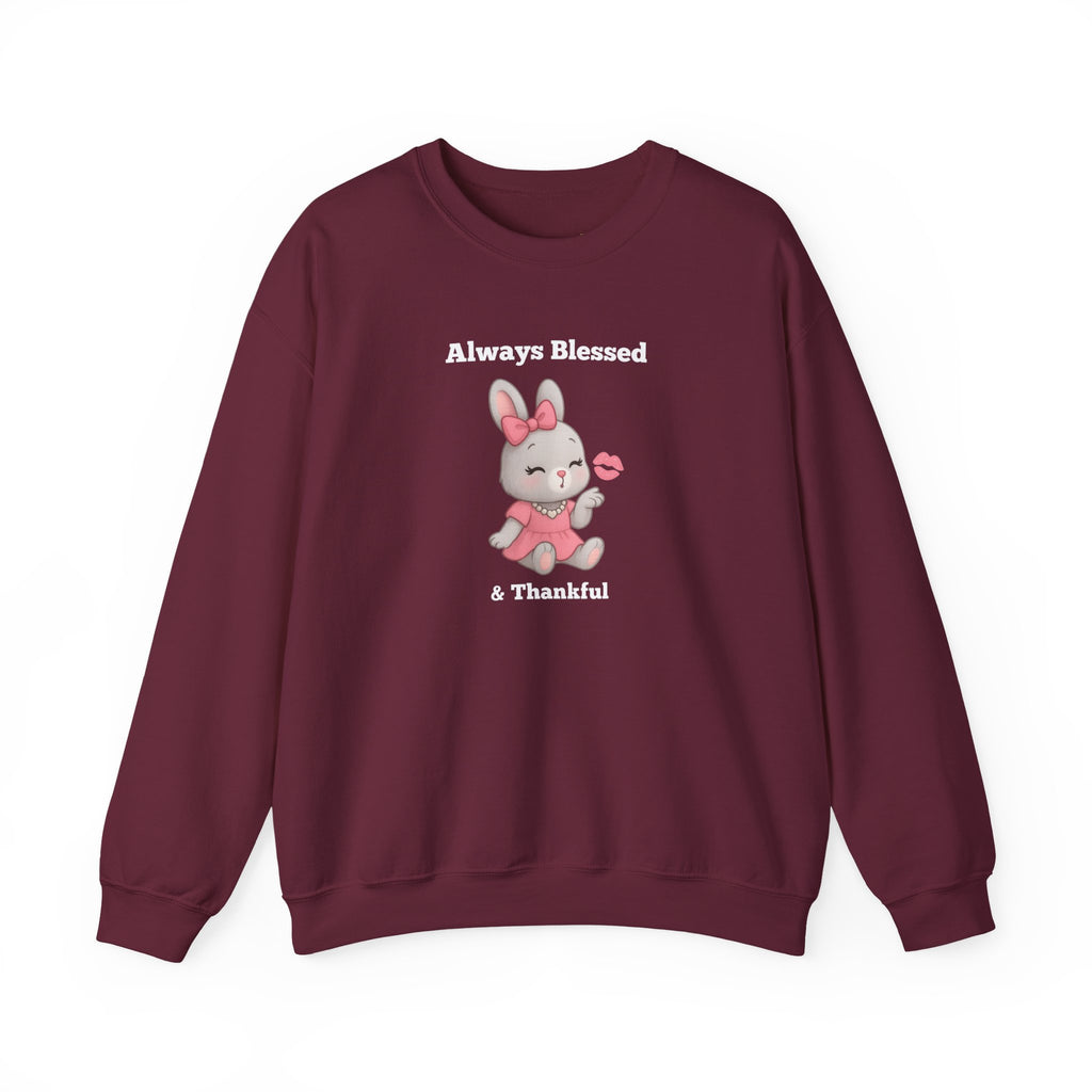 Always Blessed & Thankful™ Bunny Kiss Sweatshirt – Luxe Unisex Cozy Graphic Sweater for Pretty Girls (Black, Maroon, Light Blue, Heliconia, Red)