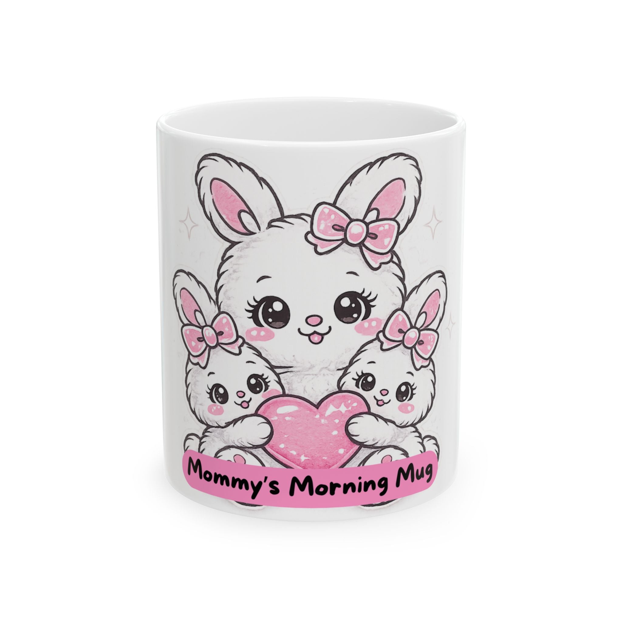 Mommy’s Morning Mug — Cute Bunny Mom & Babies Ceramic Coffee Cup (11oz/15oz)