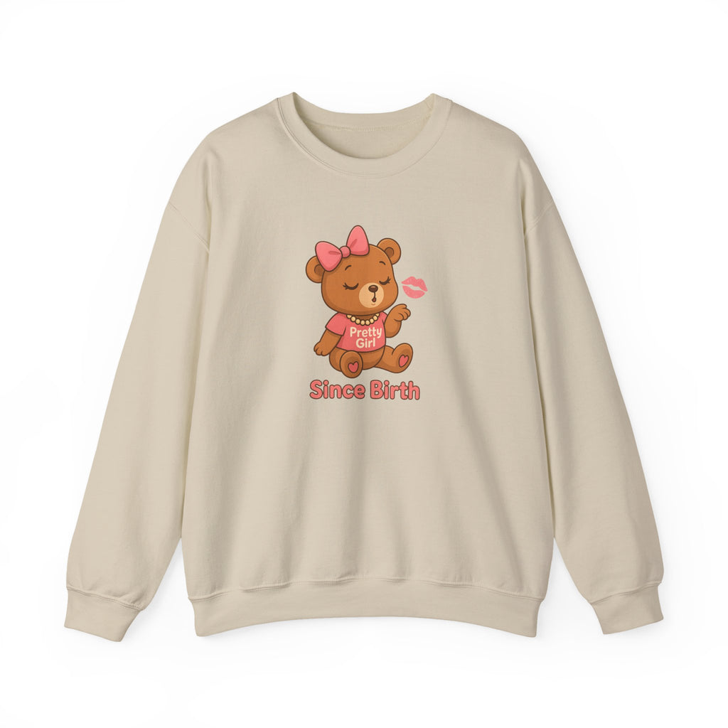 Pretty Girl Since Birth™ Teddy Kiss Sweatshirt – Luxe Unisex Cozy Graphic Sweater for Confident Girly Girls
