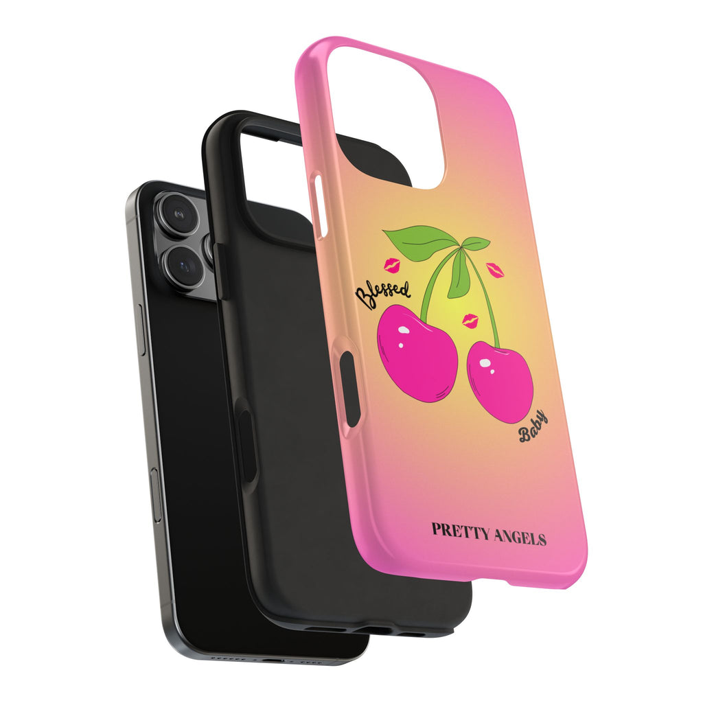 Blessed Baby Sunset Cherry Phone Case — Cute Hot Pink Cherry & Kisses