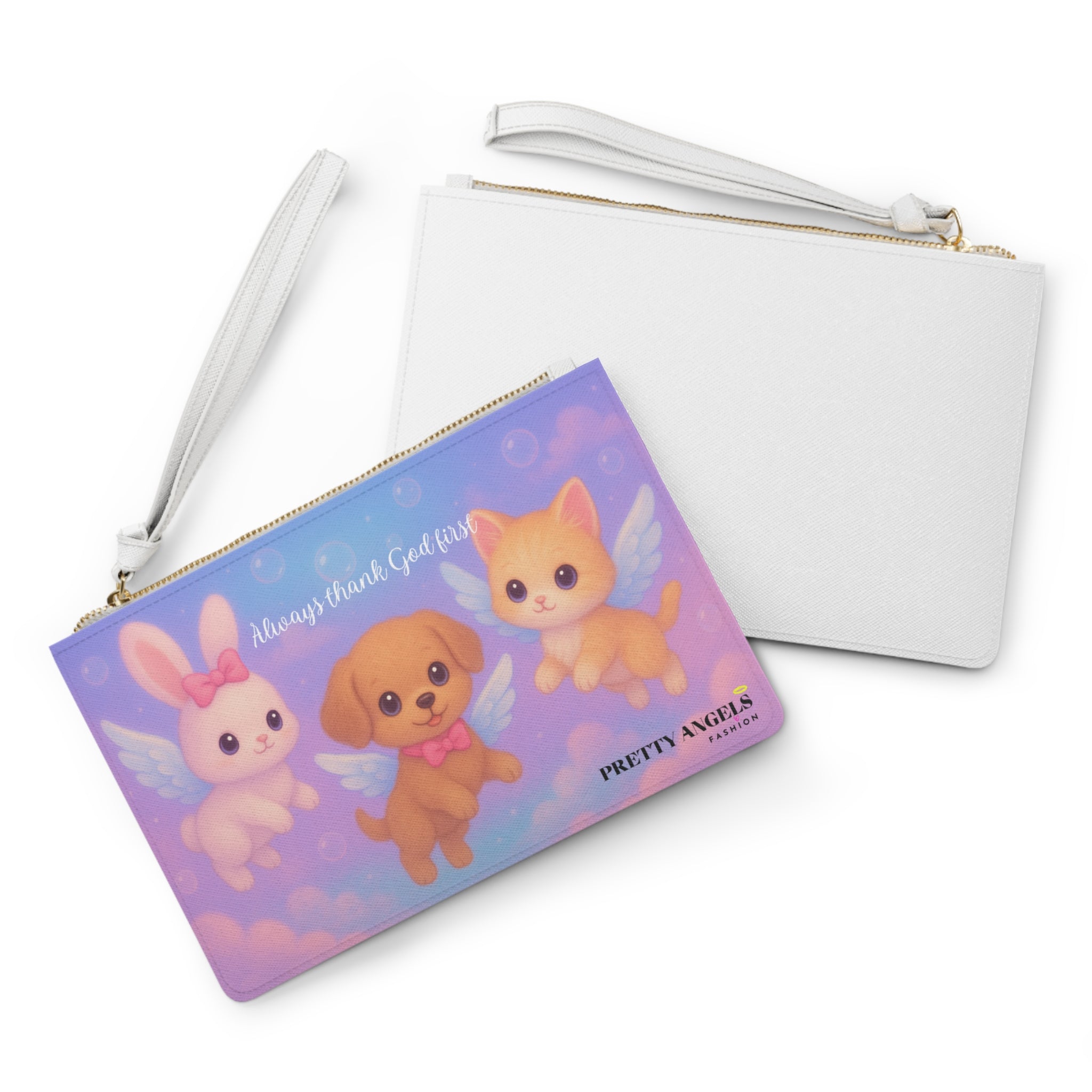 Luxury “Always Thank God First” Cute Angel Baby Animals Clutch Bag - Girly Pink Handbag with Bunny, Puppy, & Kitten, Faith-Based Purse with Wrist Strap