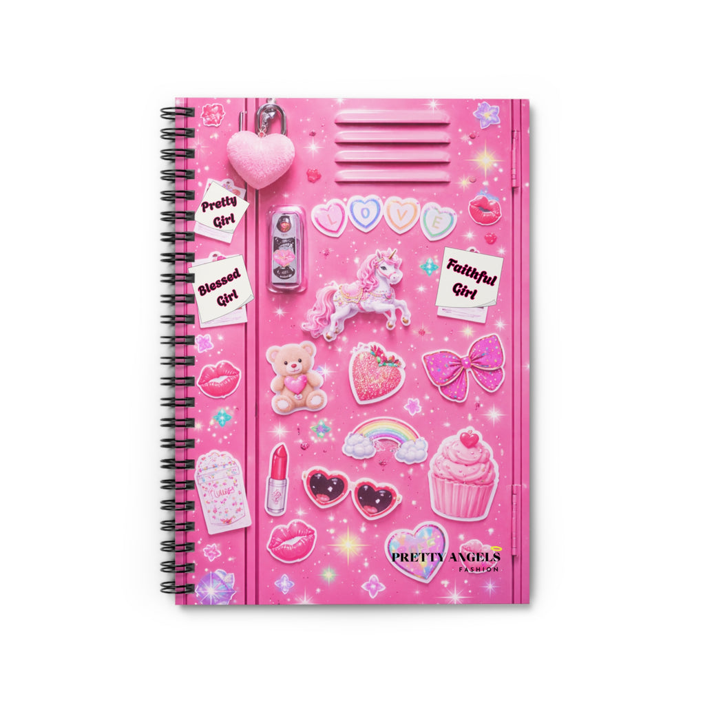 Pink Sticker-Lock Spiral Notebook — Cute Kawaii Unicorn, Teddy Bear & Hearts Ruled Journal