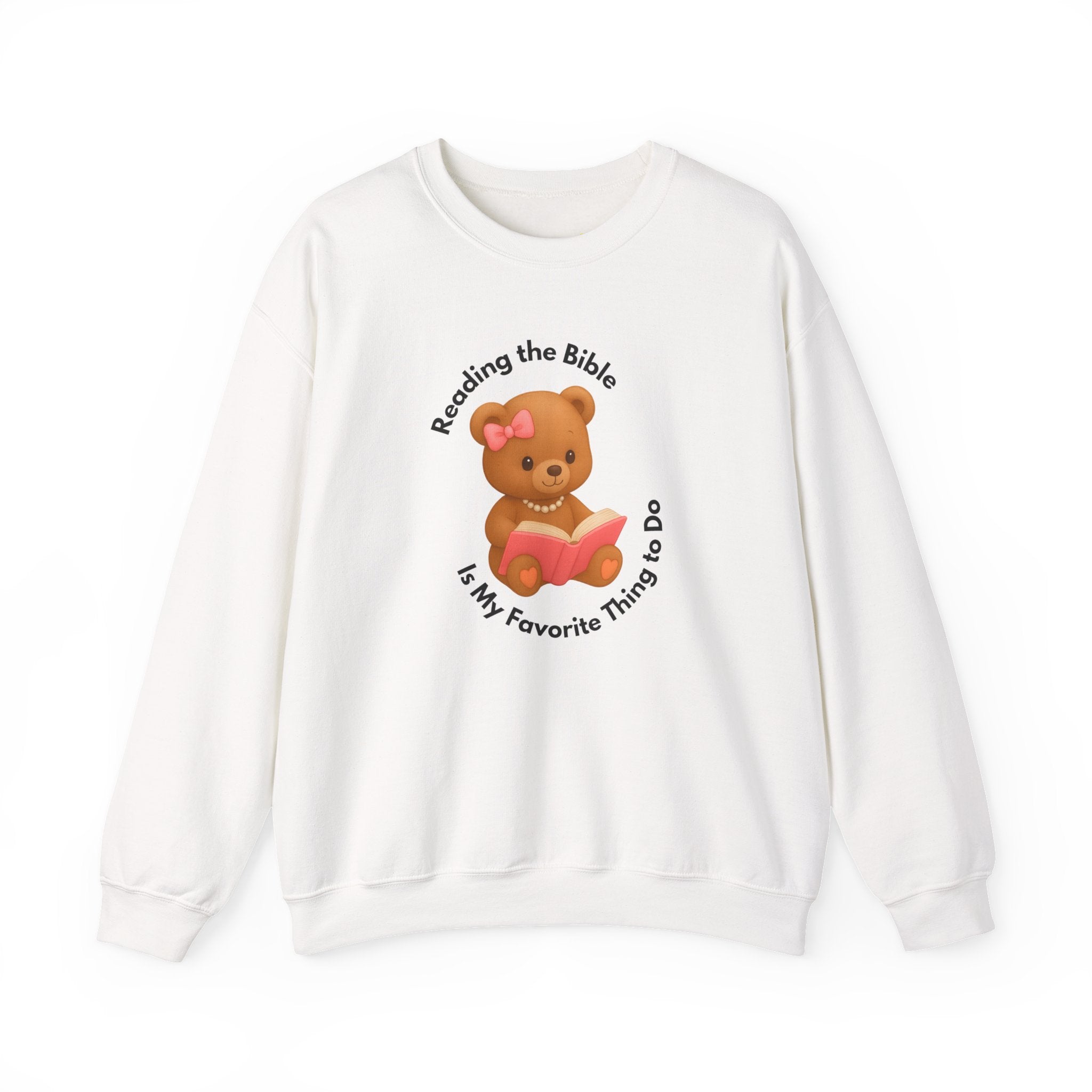 “Reading the Bible Is My Favorite Thing to Do” Teddy Bear Sweatshirt – Cute Girly Sweater in White, Ash, Sand, Sport Grey & Light Pink | Cozy Faith Aesthetic | Blessed Girl Gift