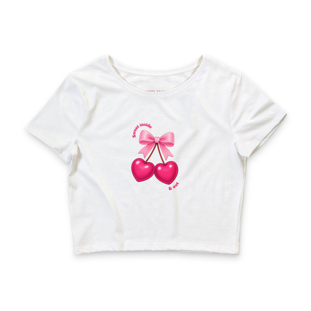 Sweet Inside & Out Crop Tee — Coquette Heart Cherry Graphic