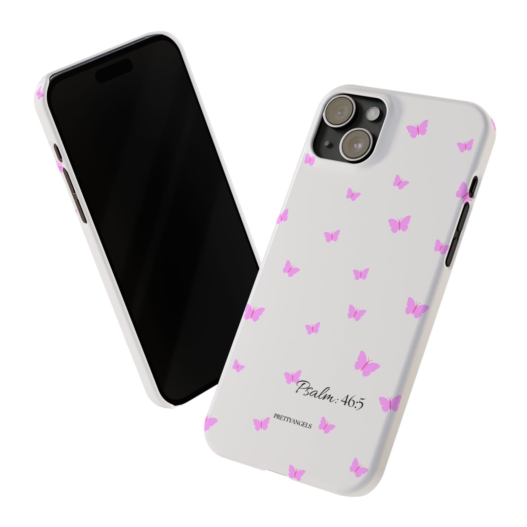 “Psalm 46:5 Phone Case - Minimalist Slim White Aesthetic Cover with Light Pink/Lavender Butterfly Pattern for Soft Faith-Filled Girls”