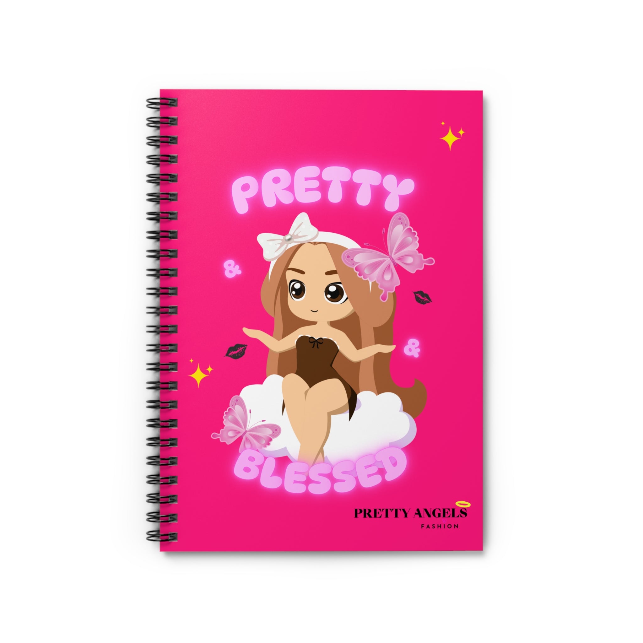 “Hot Pink Kawaii Notebook – Pretty & Blessed Auburn Brown Hair Doll Journal with Clouds, Butterflies & Kiss Prints | Classy Rich Girl Spiral Notebook (6x8, 118 Pages)”