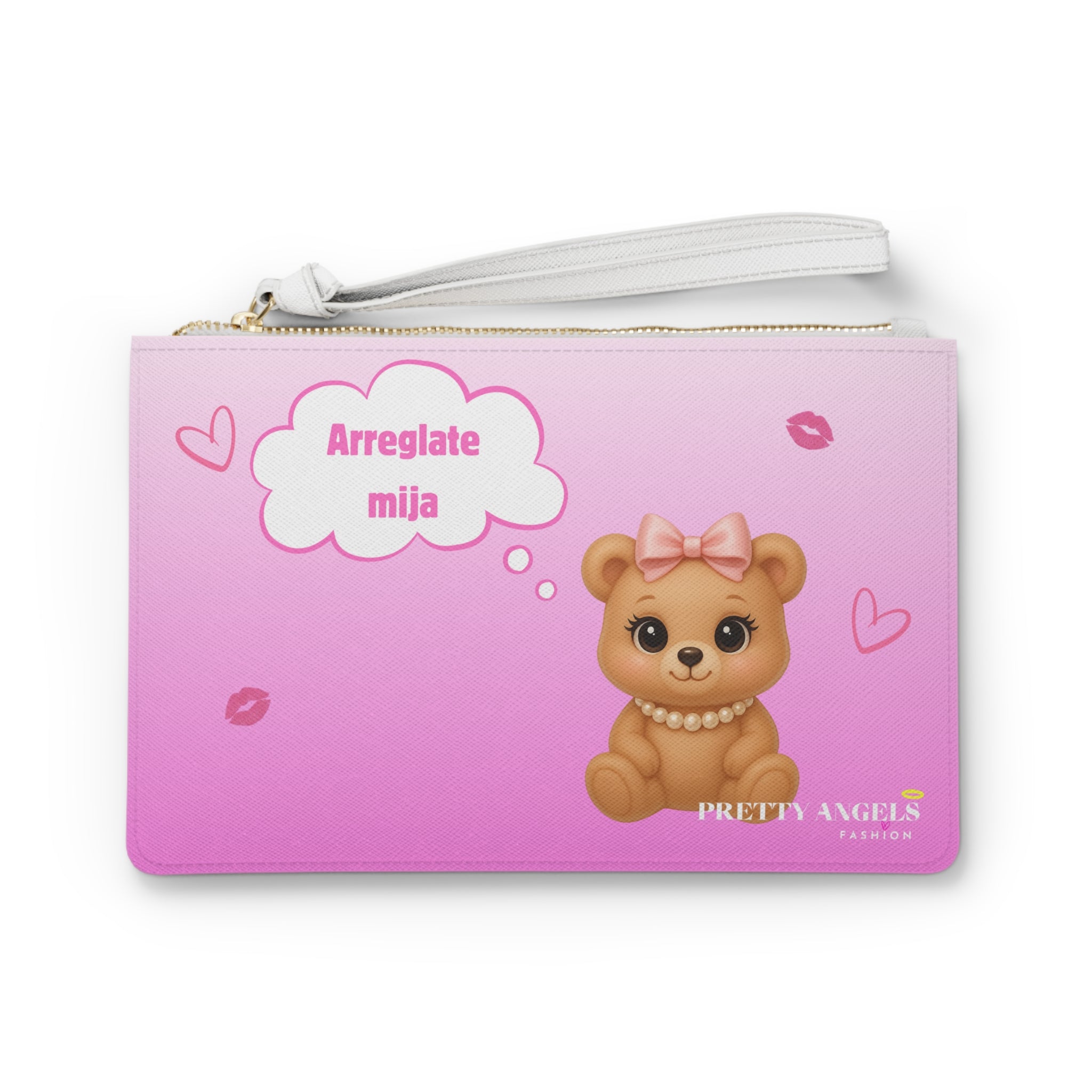 Light Pink Ombré Makeup Bag – Teddy Bear with Pearl Necklace & “Arréglate Mija” Cloud, Cute Latina Luxury Cosmetic Clutch (9.5” x 6.6”)