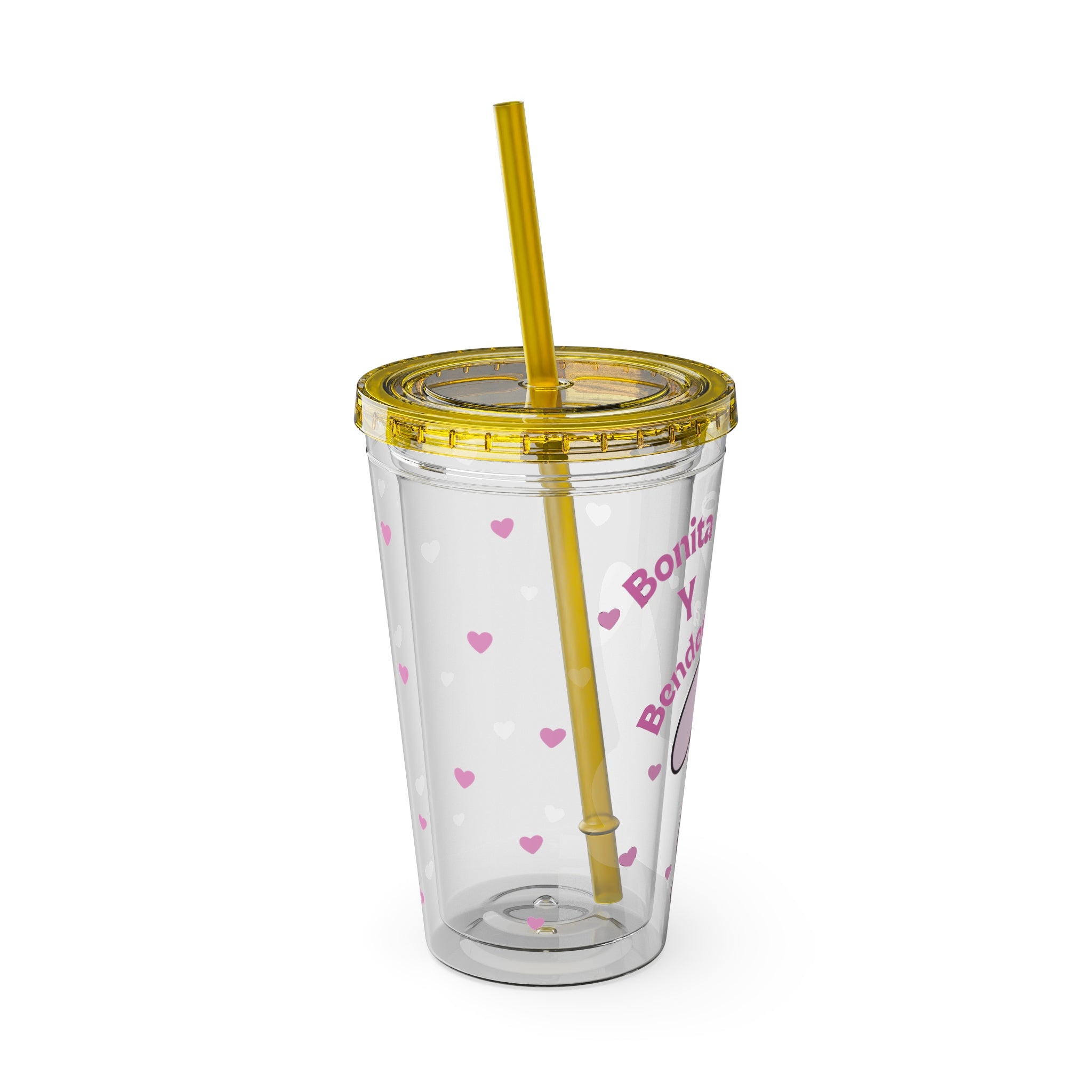 Bonita y Bendecida Tumbler - 16oz Clear Acrylic Cup with Pink Bunny Bow & Heart Patterns | Girly Faith Cup for Confident Latina Baddies