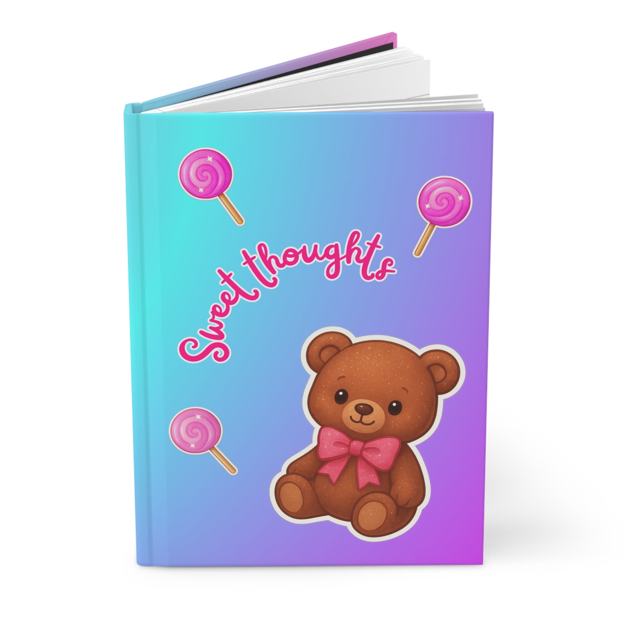 Sweet Thoughts Hardcover Journal — Teal Blue Purple Ombre with Teddy & Lollipop Stickers