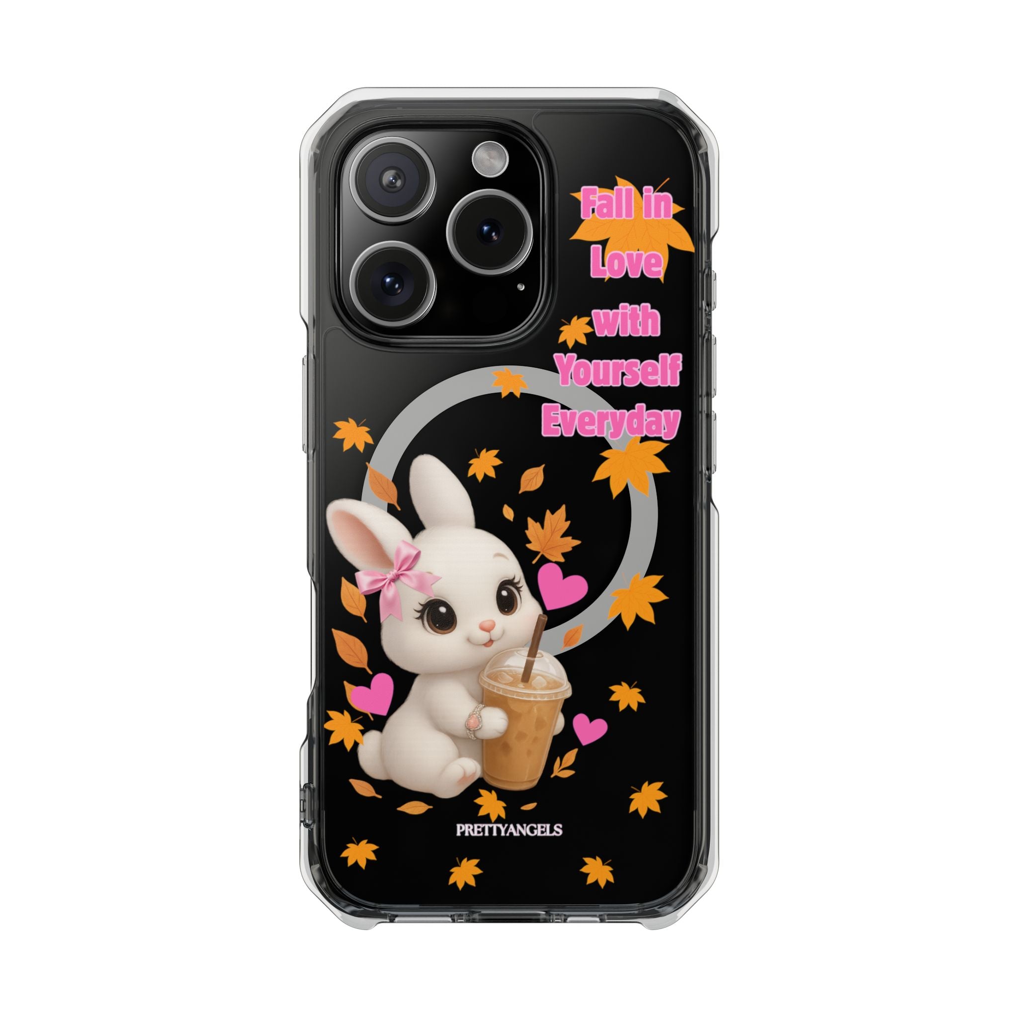 Fall in Love with Yourself Everyday – Cute White Bunny MagSafe iPhone Case with Hearts & Autumn Leaves, Luxury Aesthetic Clear Phone Cover