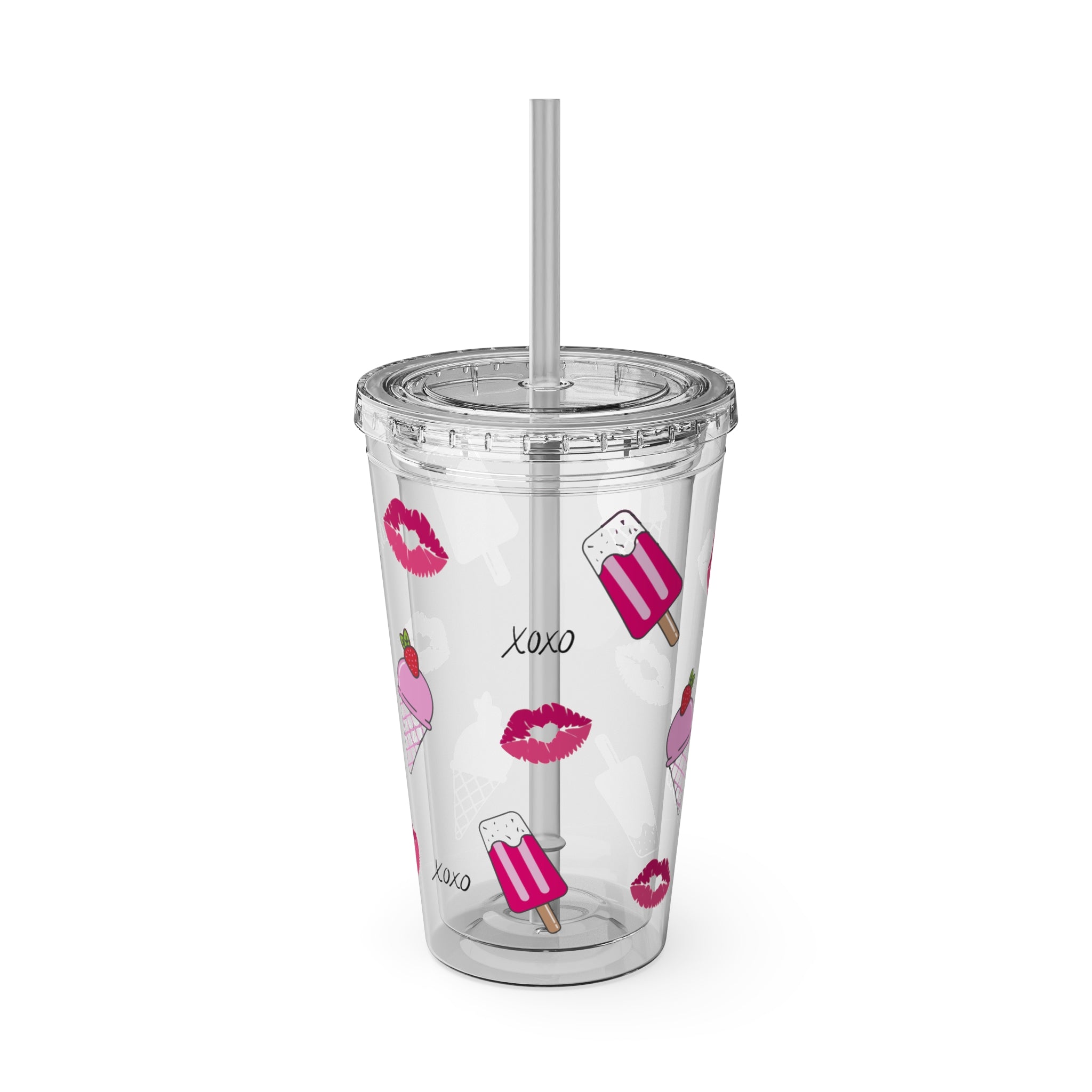 Barbie Girl Summer Tumbler - 16oz Pink Acrylic Cup with Ice Cream, Pink Popsicles, XOXO & Kisses - Cute Clear Tumbler for Iced Coffee & Rich Girl Aesthetics, Girly Beach Days Tumbler