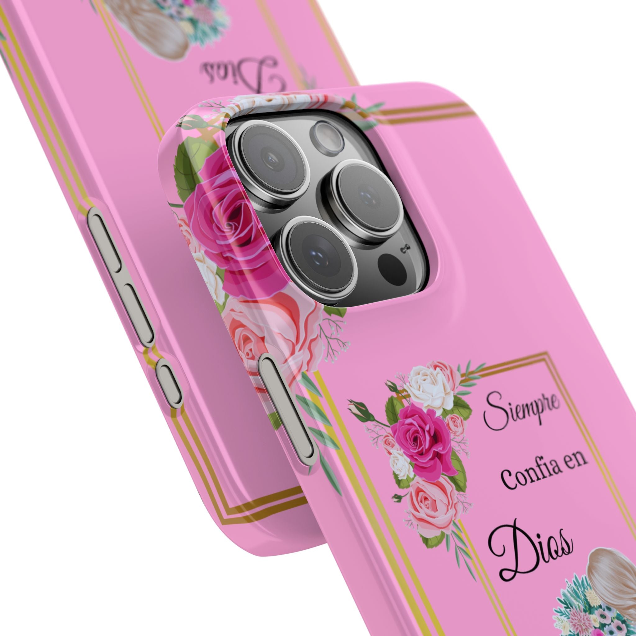 “Siempre Confia en Dios Pink Phone Case - Slim Lightweight Protective Cover with Roses, Barbie-Style Doll & Faith-Based Aesthetic”