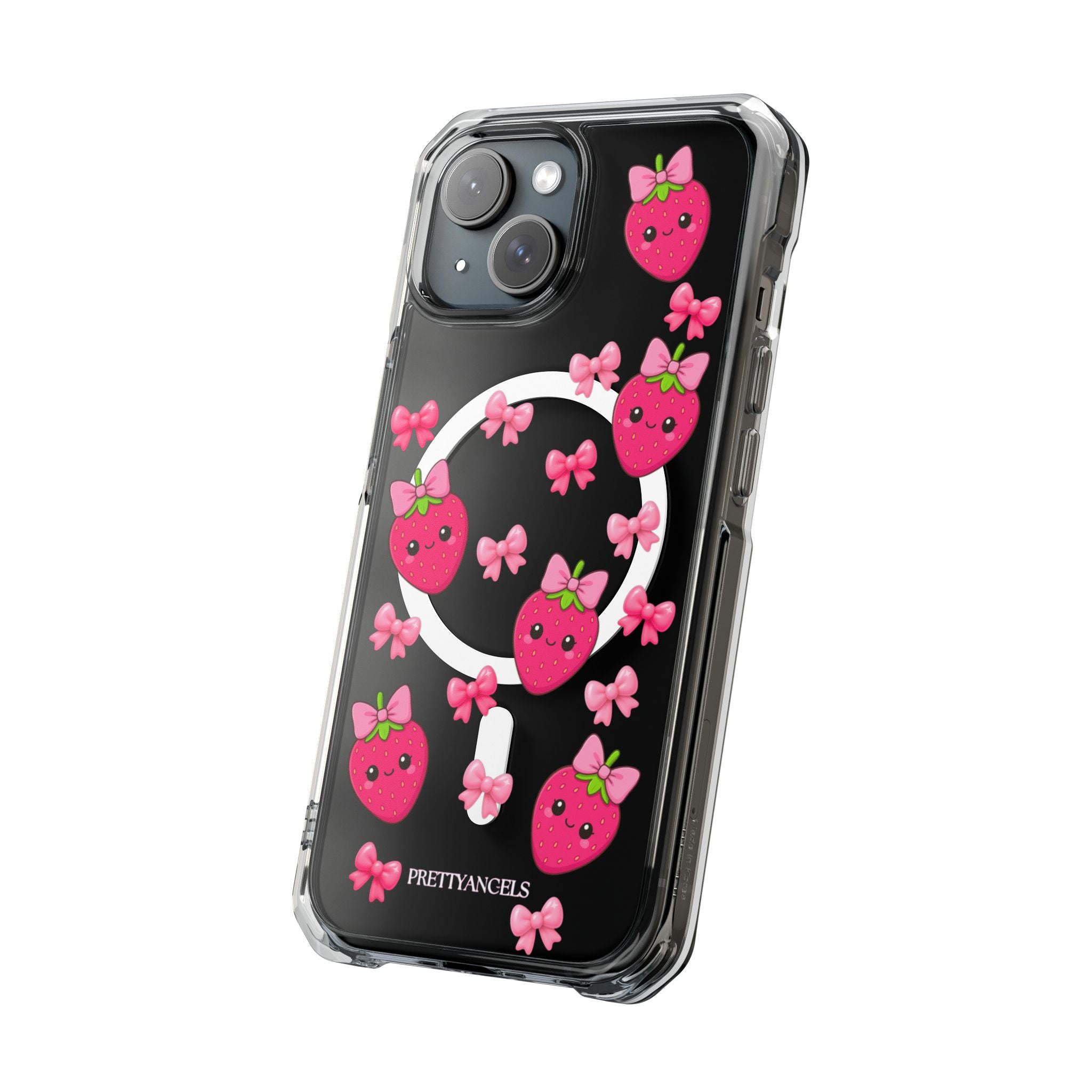 Super cute Hot Pink Strawberry MagSafe Phone Case with girly bows. Luxe clear protection, MagSafe compatible, baddie-approved iPhone case.