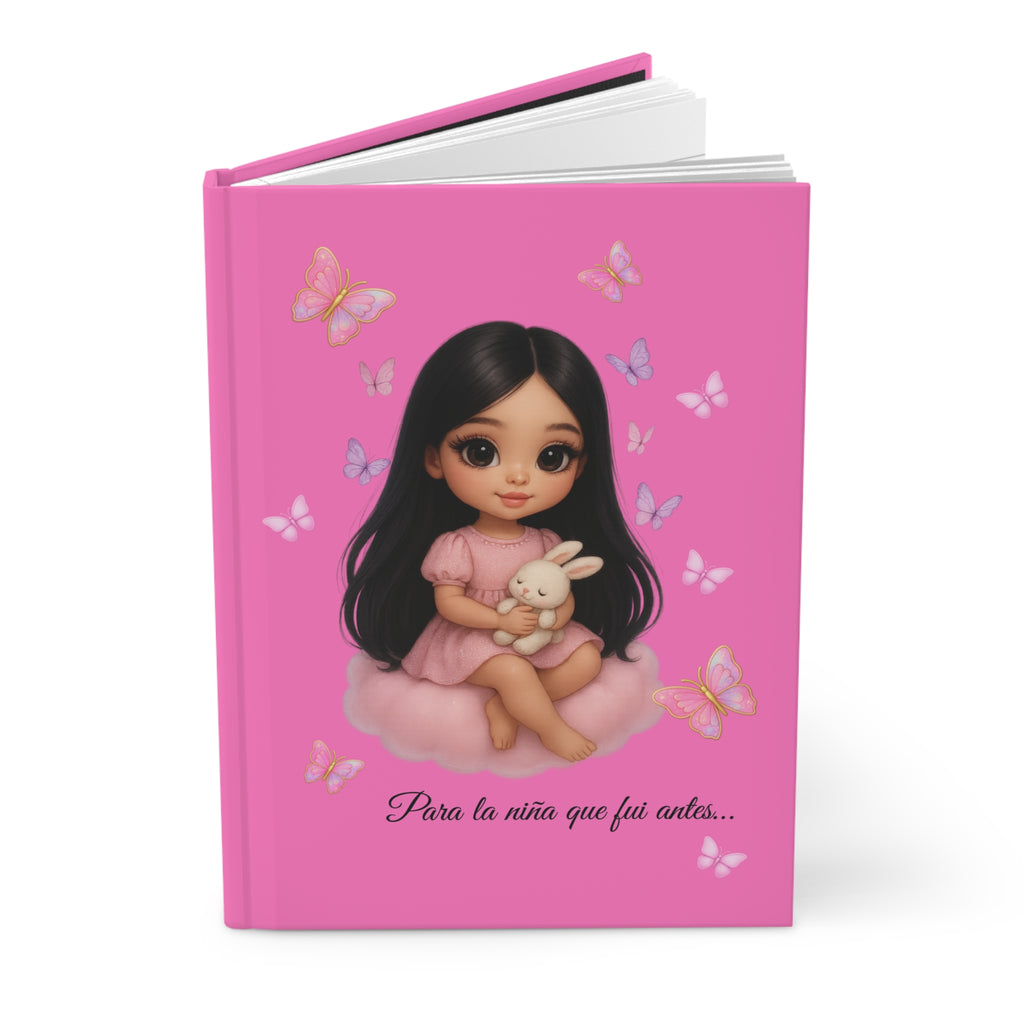 Pretty Hardcover Journal — "Para La Niña que fui antes" Cute Girl Hugging Stuffed Animal on Cloud