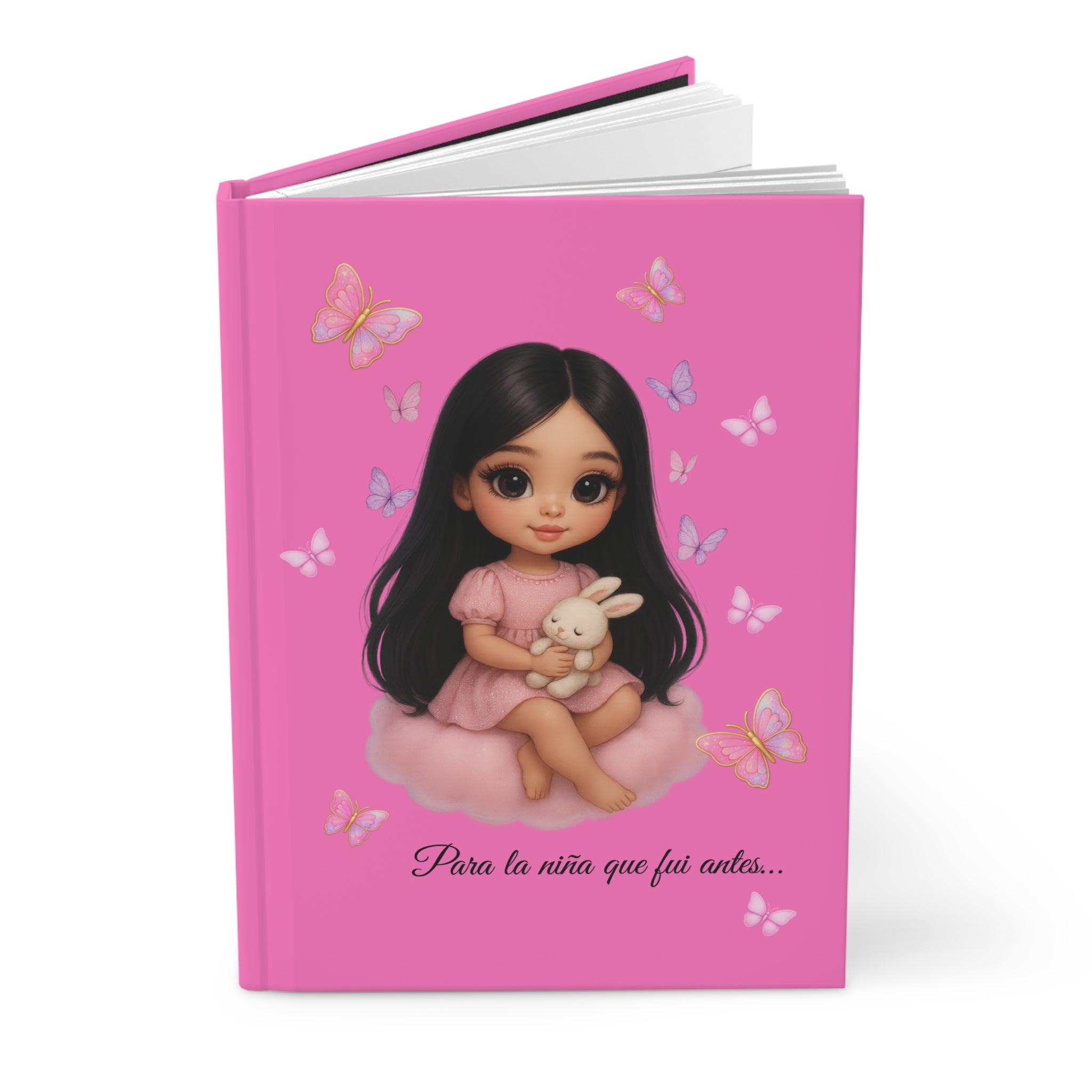 Pretty Hardcover Journal — "Para La Niña que fui antes" Cute Girl Hugging Stuffed Animal on Cloud