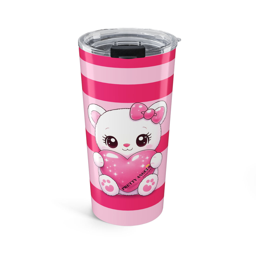 20oz Cute Pink Striped Tumbler with Heart-Holding Kitty – Girly Travel Cup