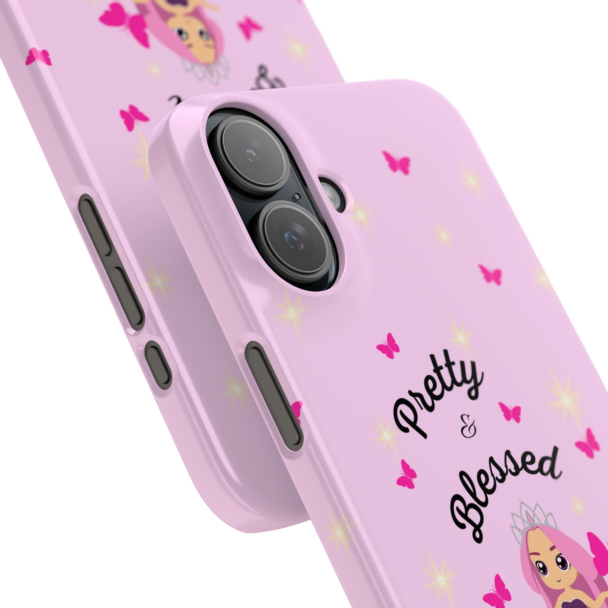 “Pretty & Blessed Light Pink Phone Case - Slim Cute Protective Cover with Lisa Frank-Inspired Kawaii Doll, Hot Pink Butterflies & Cloud Aesthetic”