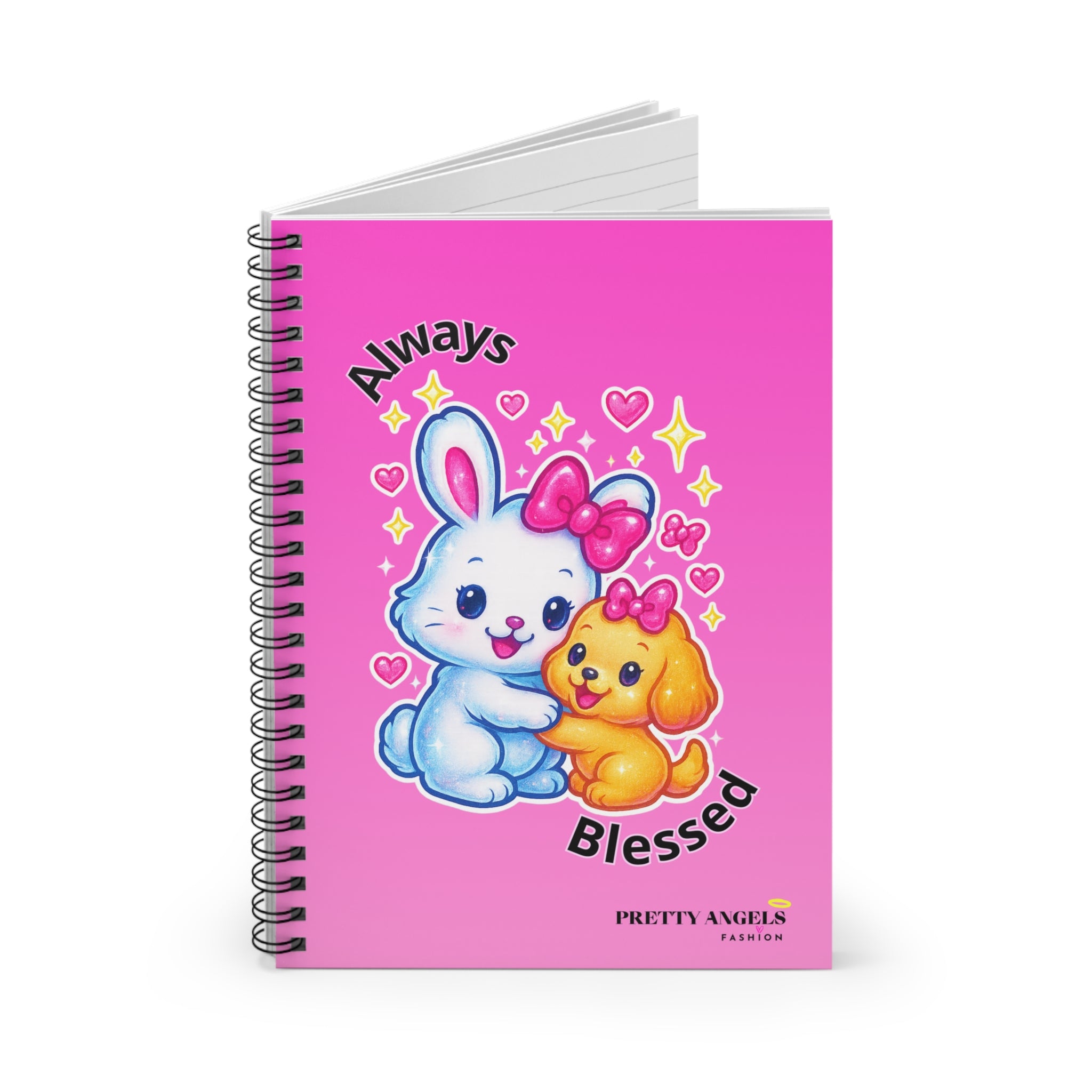 Always Blessed Spiral Notebook | Kawaii Bunny & Puppy Journal | Pink Lisa Frank Inspired Aesthetic Notebook