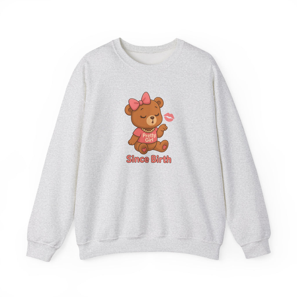Pretty Girl Since Birth™ Teddy Kiss Sweatshirt – Luxe Unisex Cozy Graphic Sweater for Confident Girly Girls
