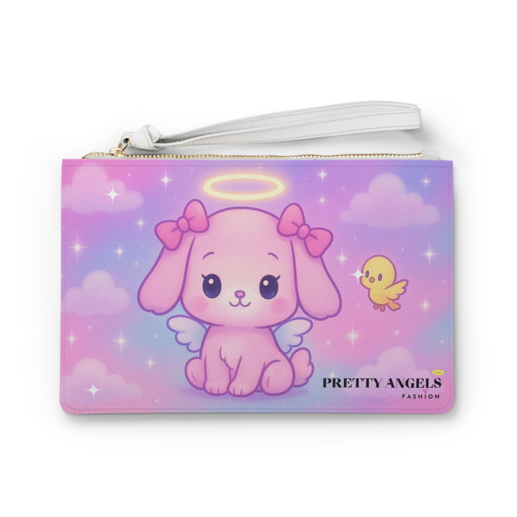 Luxury Pink Angel Puppy Clutch Bag - Cute Polyurethane Leather Purse with Gold Zipper, Magical Puppy Design with Pink Bows