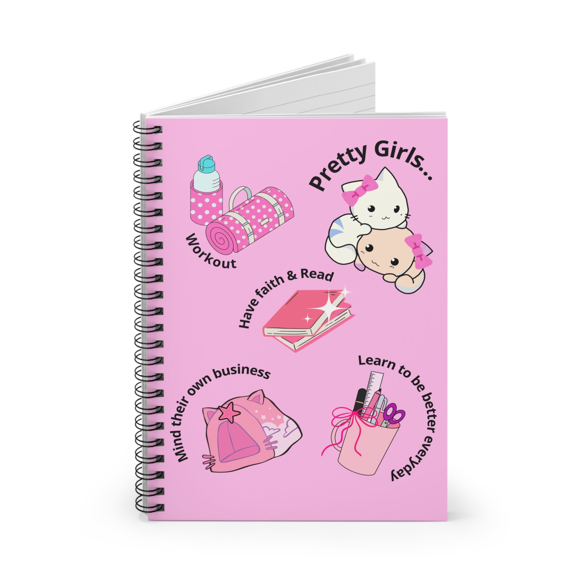 “Pretty Girls Spiral Notebook – Kawaii Kitten Journal with Cute Drawings | Pastel Pink Aesthetic Motivational Notebook (6x8, 118 Pages)”