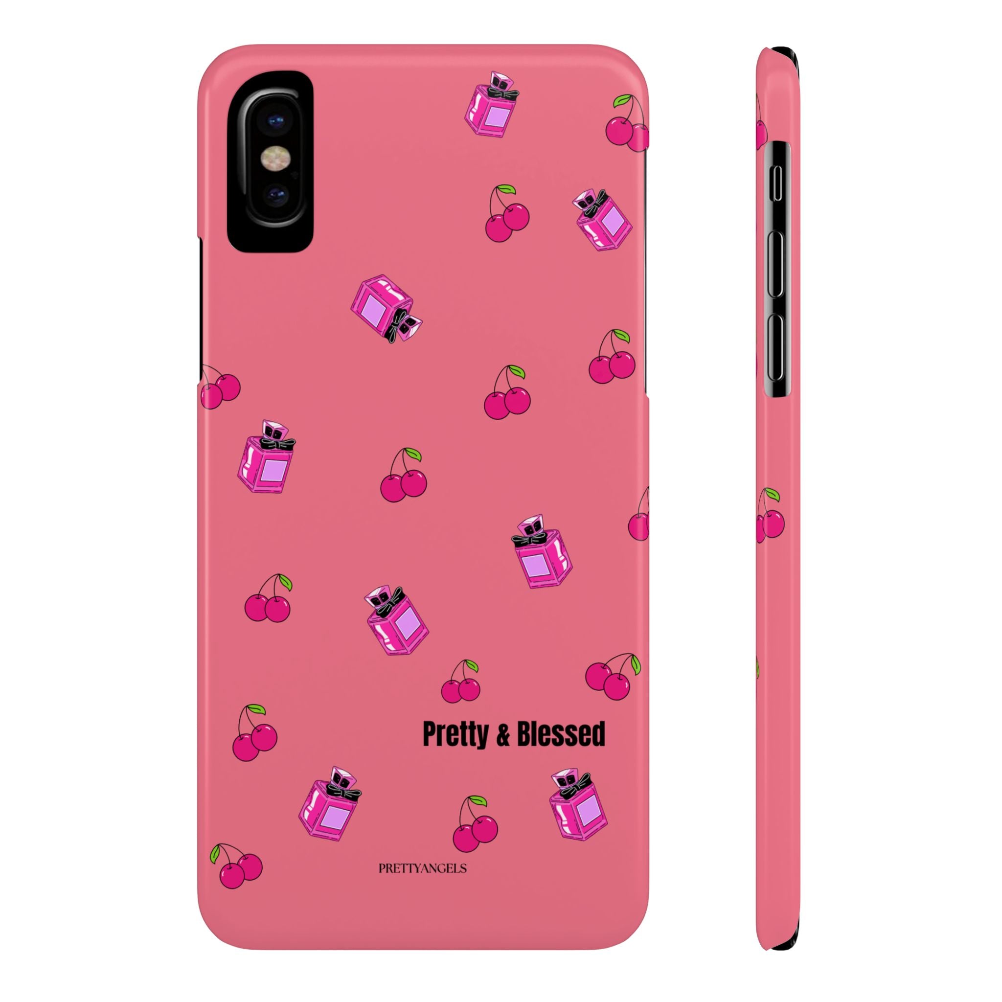 Pretty & Blessed Phone Case - Peachy Slim Cover with Hot Pink Cherry & Perfume Pattern Aesthetic for Girly Girls Who Love Cute & Pretty Vibes