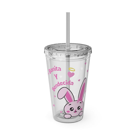 Bonita y Bendecida Pink Bunny Tumbler with Straw, 16oz