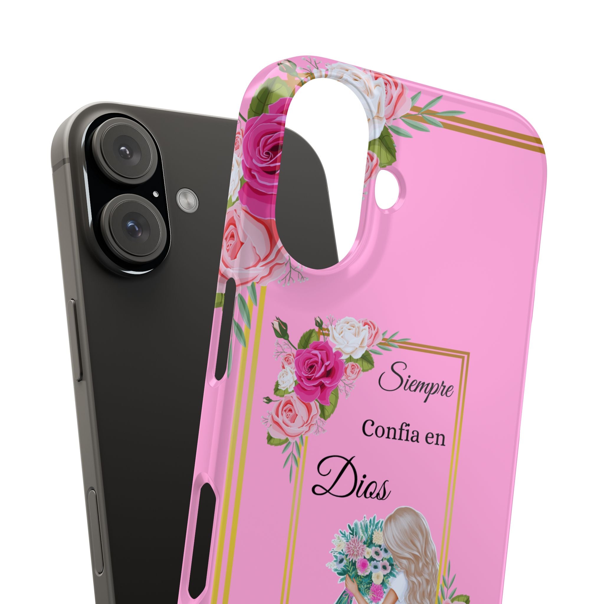 “Siempre Confia en Dios Pink Phone Case - Slim Lightweight Protective Cover with Roses, Barbie-Style Doll & Faith-Based Aesthetic”