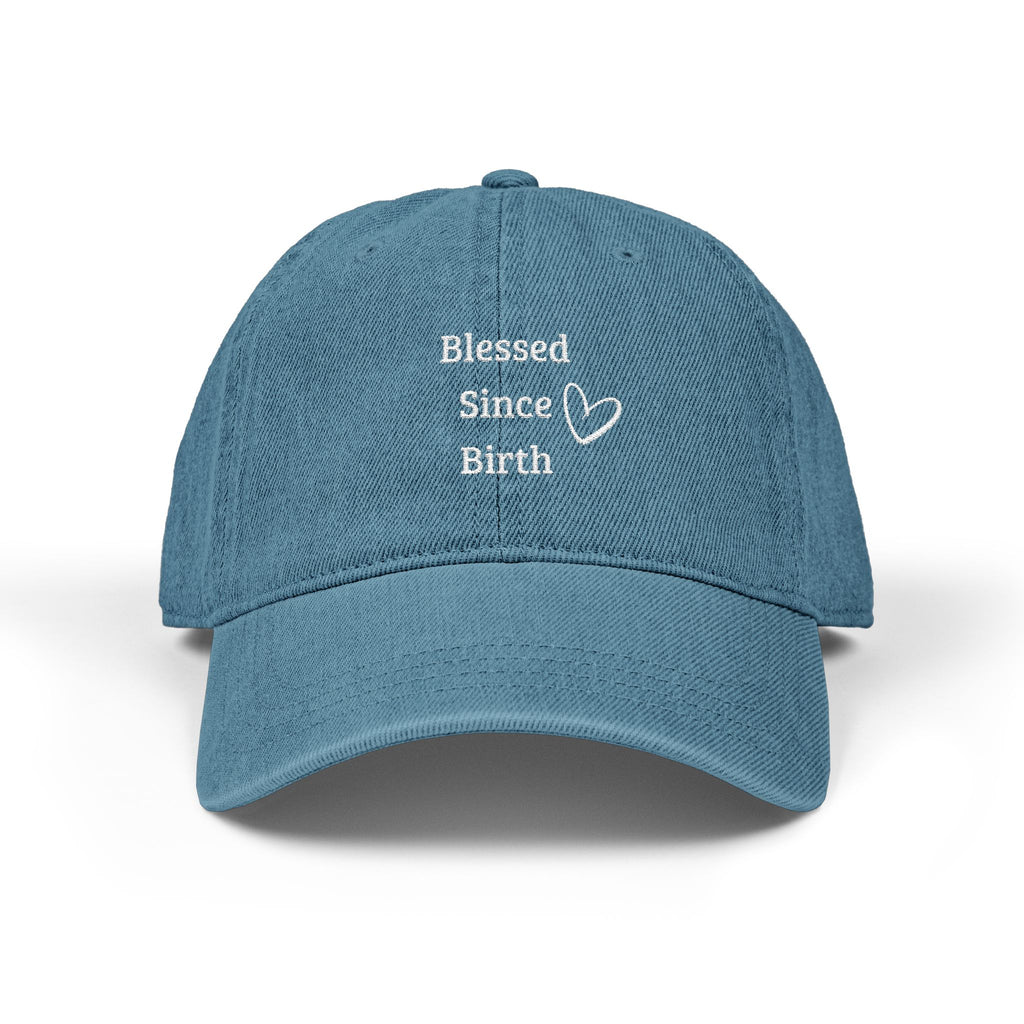 Blessed Since Birth Denim Hat – Cute Aesthetic Vintage Low-Profile Adjustable Cap with White Heart | Girly Barbie Rich-Girl Hat | Soft Washed Denim Dad Cap (55–64 cm)