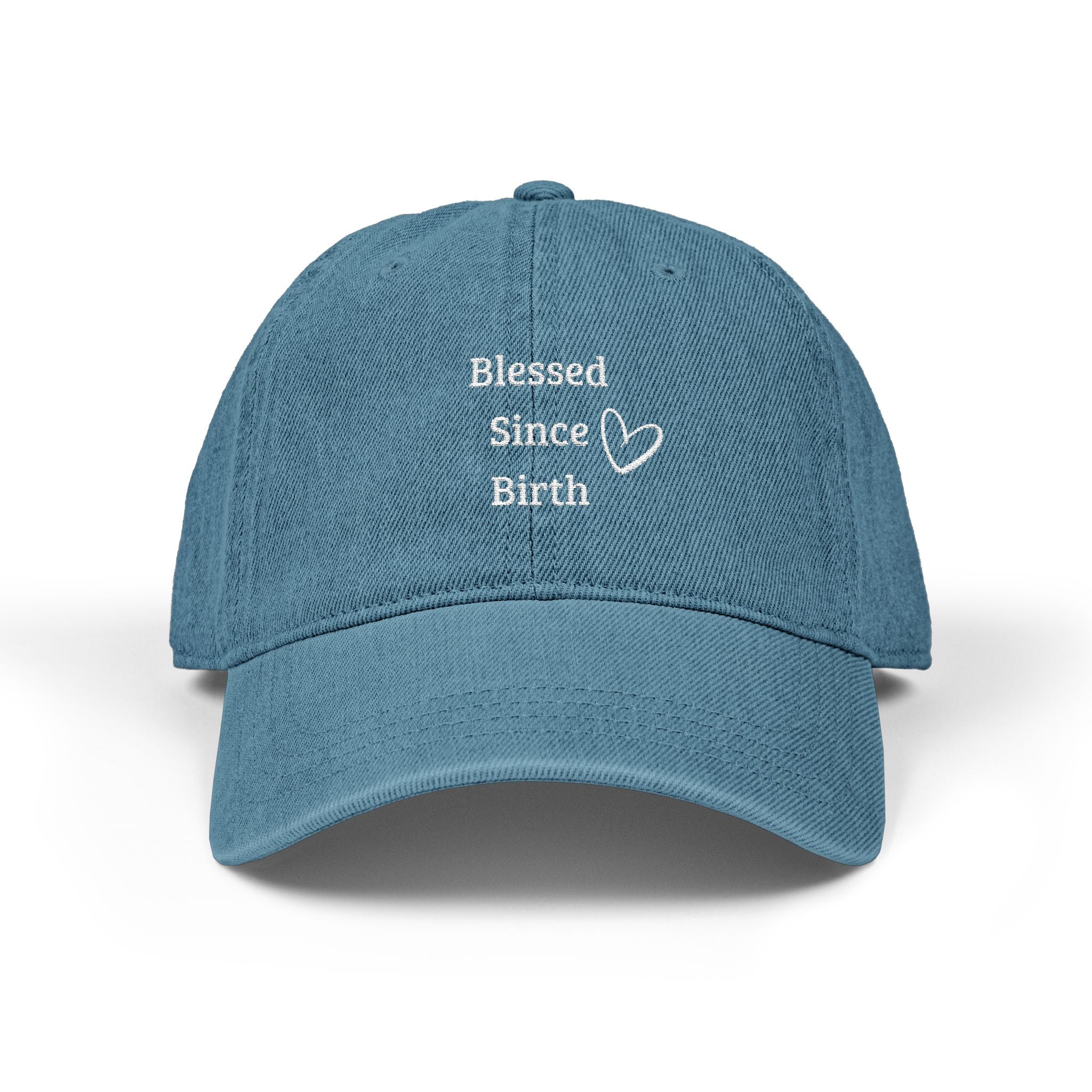 Blessed Since Birth Denim Hat – Cute Aesthetic Vintage Low-Profile Adjustable Cap with White Heart | Girly Barbie Rich-Girl Hat | Soft Washed Denim Dad Cap (55–64 cm)